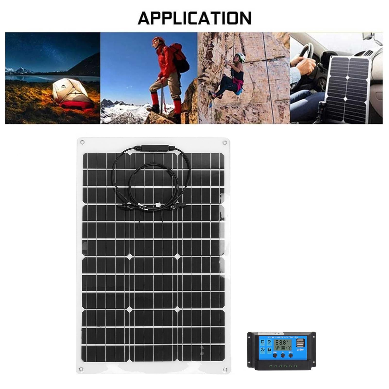 Aramox Kit Pannello Solare Flessibile, Set Pannello Solare Controller PET Monocristallino 70W 20V 4A con Diodo di Blocco Controller 40A per Tenda Cabina Barca Batteria 12V