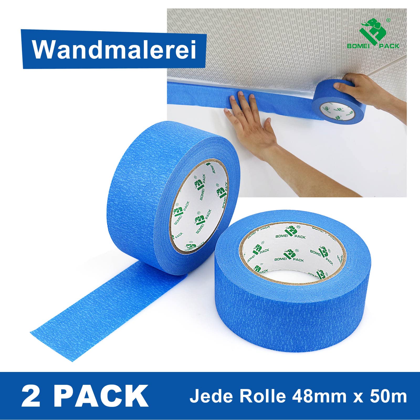 BOMEI PACK 2 Rollen Blau Kreppband 48mmx50 m - Universal Kreppband für