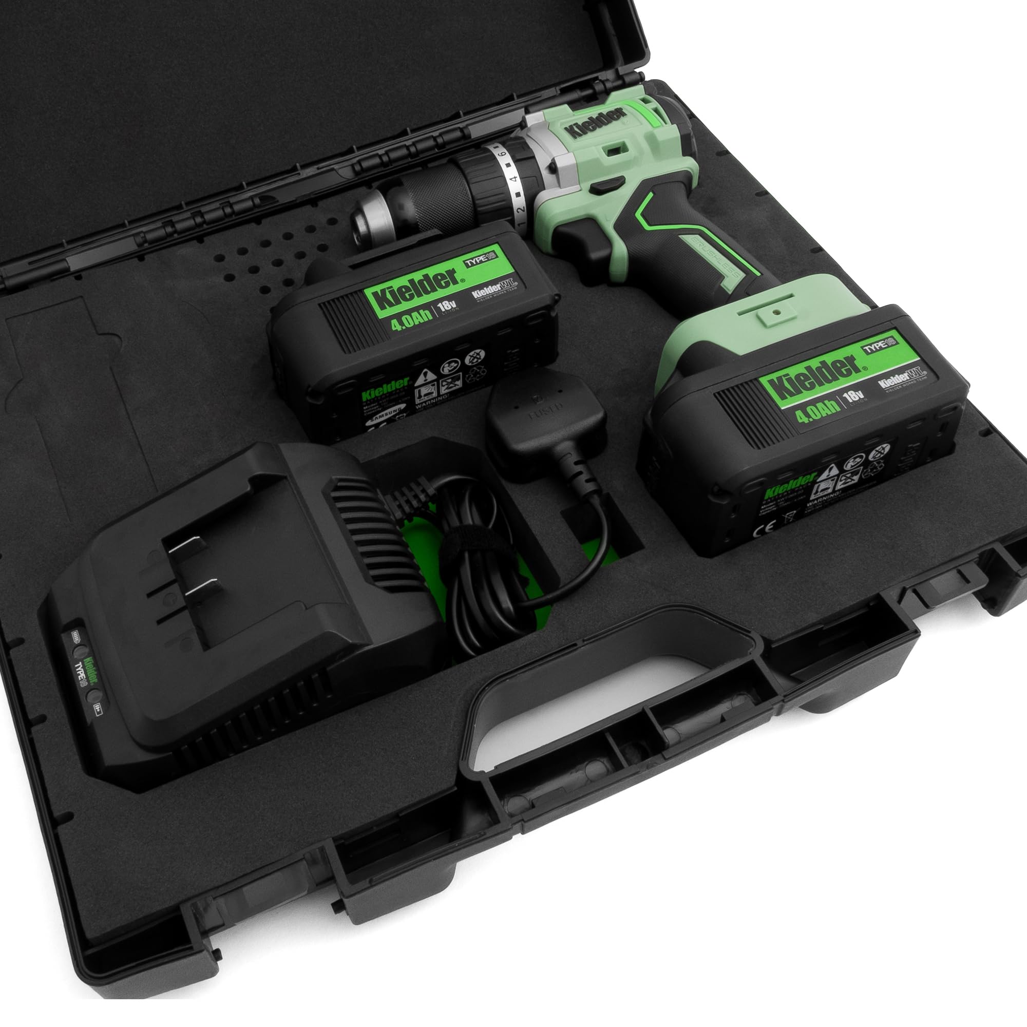 Kielder KWT-020-03 TYPE18 Kit de perceuse combiné ultra compact 18 V 13 mm 75 Nm, 2 batteries 4,0 Ah, chargeur, clip ceinture et étui de transport Pro