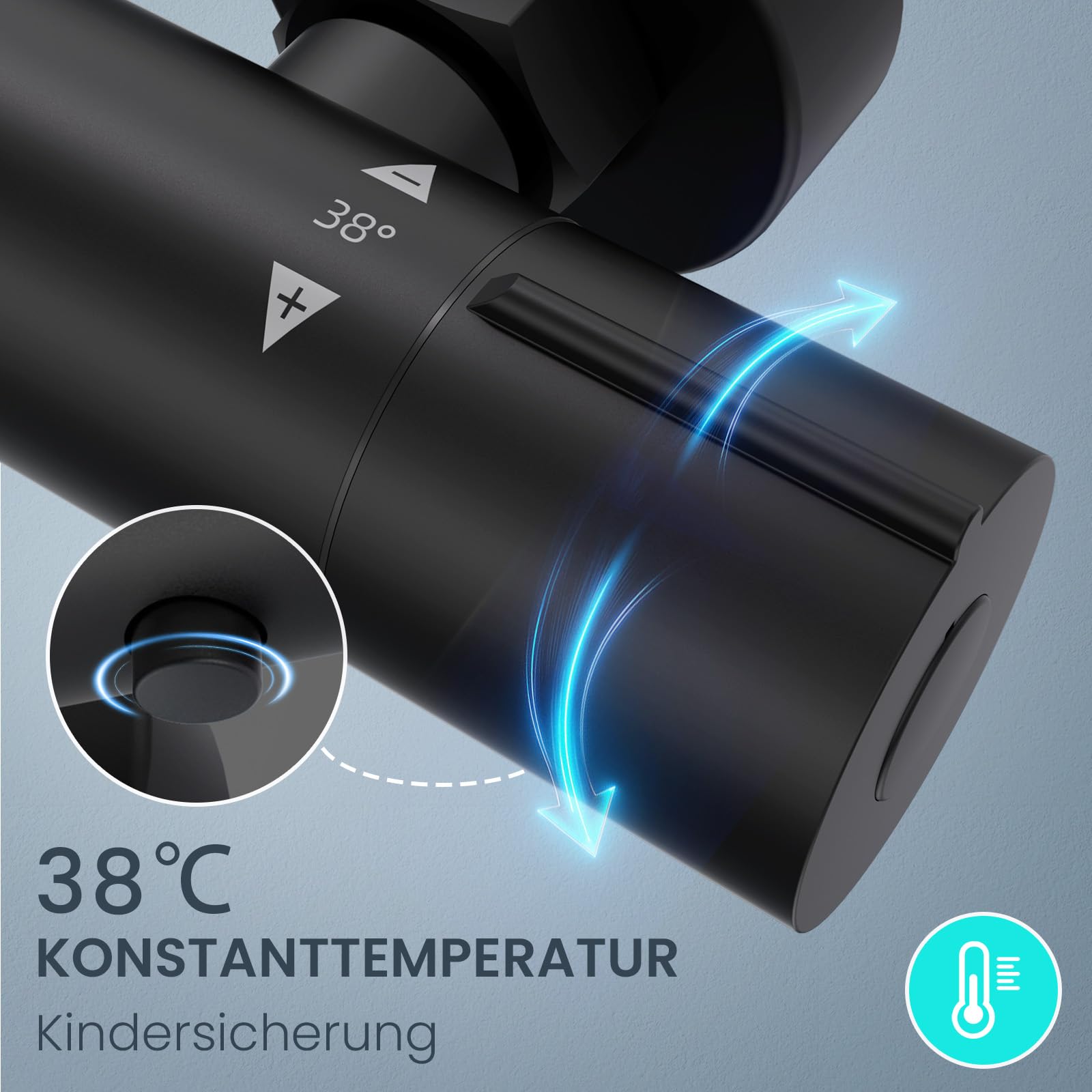 Duschsystem mit Thermostat Schwarz, Duscharmatur Komplettset | 25cm Rund Regendusche Duschkopf, Handbrause mit 3 Strahlarten, 100-120cm Höhenverstellbar, Regendusche mit Armatur, Duschset