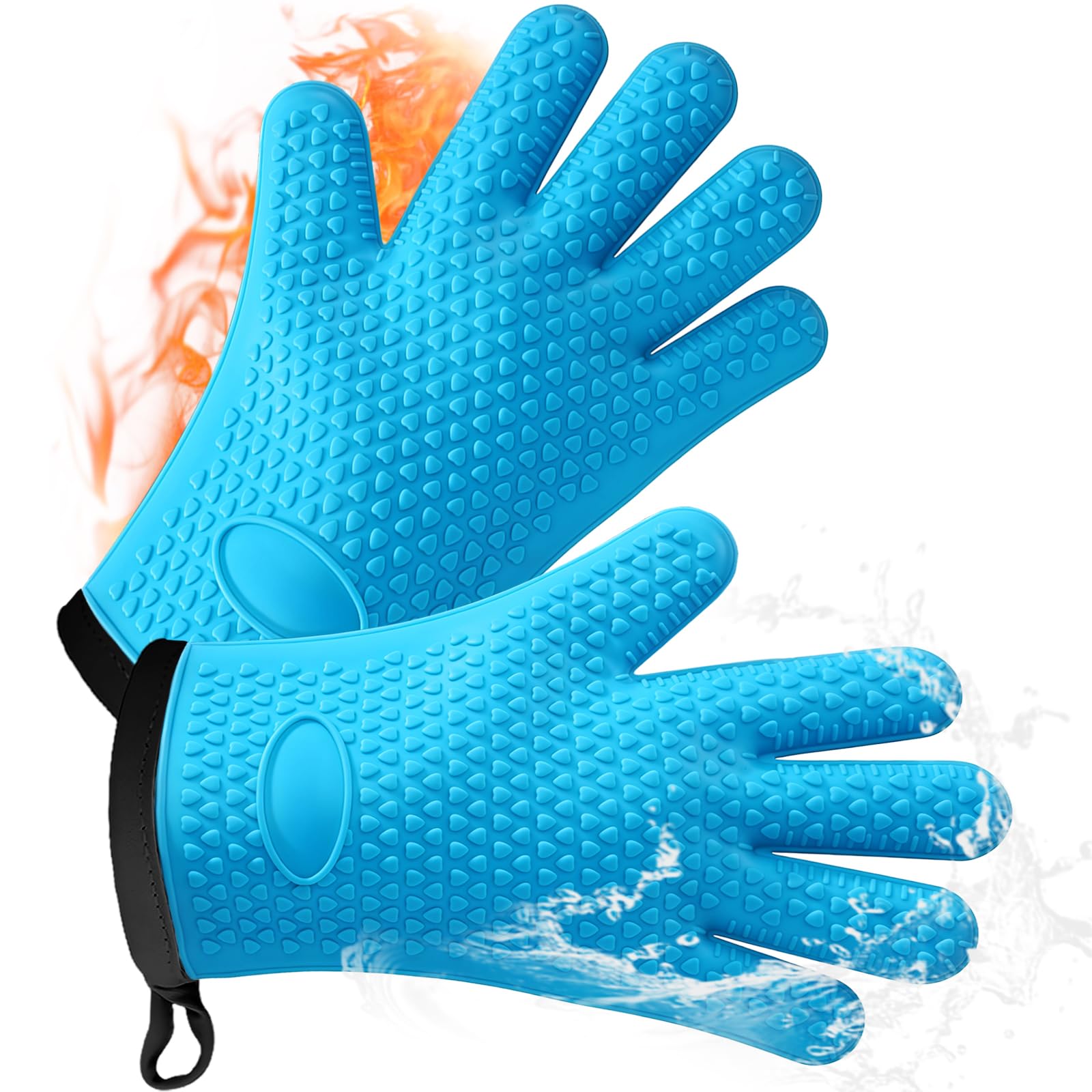 AMFUN 1 Pair Silicone Oven Gloves Heat Resistant 464°F, Non-Slip Oven Mitts,Silicone BBQ Gloves with Fingers, Waterproof Kitchen Gloves for Barbecue Grilling Weber Pizza Microwave-Blue