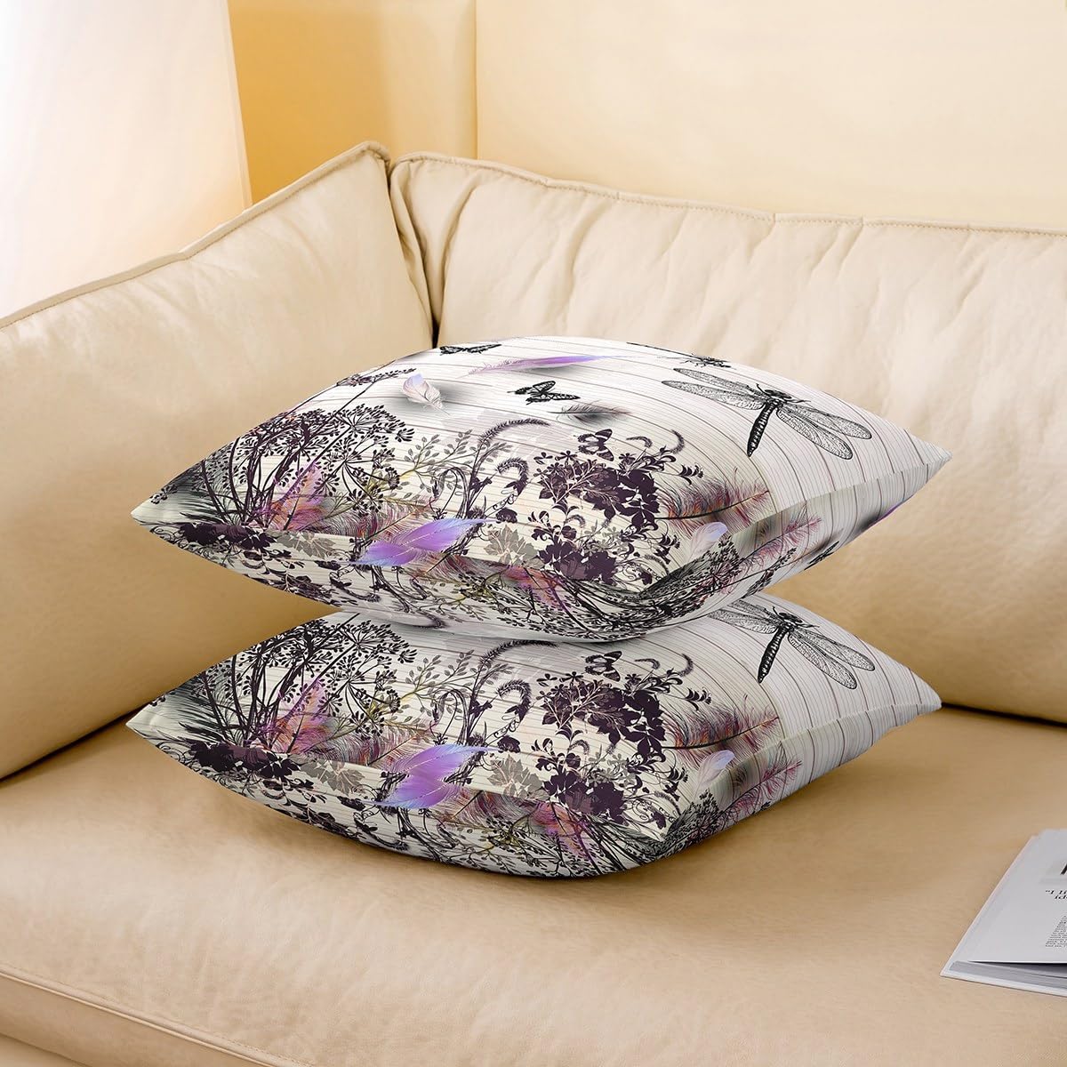 Feelyou Dragonfly Throw Pillow Covers 22"x22" Set of 2 Soft Gifts for Women Decorative Throw Pillowcases for Kids Teens Animal Pillow Cases Cushion Covers Wood Grain Beige Black Cushion Cases