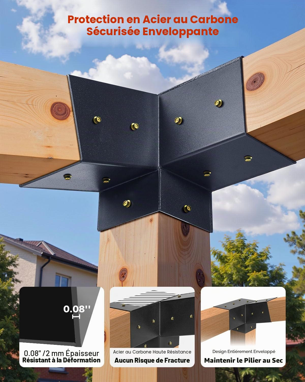 VEVOR Kit Support de Pergola, Lot de 8, Support de Poteau Bois 92x92 mm, Supports d'angle à 3 Voies, avec 4 Bases de Poteaux, pour Poutres Bois Standard à Toit Incliné, Banquet de Fête en Plein Air