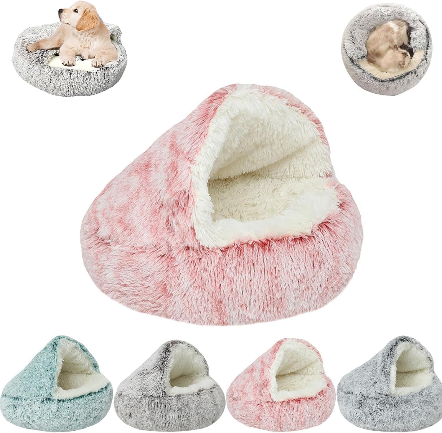 Giurui Lapcatz Nest Bed, Plush Fluffy Hooded Round Cat Cave, Cozy Indoor Dog Bed & Cat Mattress (Pink, 50cm)