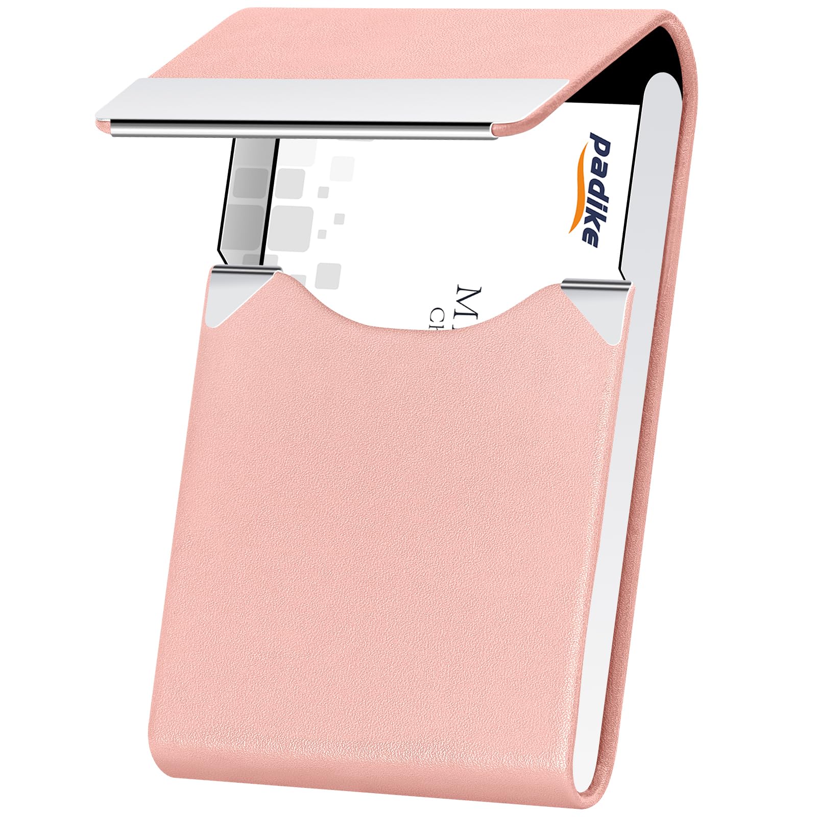 Padike Professional Business Card Holder PU Leather Business Card Case Name Card Holder Slim Metal Pocket Card Holder with Magnetic Shut (Y-Pink)