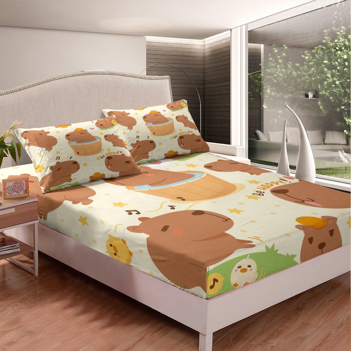 Set di biancheria da letto con angoli Capybara marrone con motivo a fumetti Capybara Set di lenzuola per bambini ragazzi ragazze floreale Capybaras copriletto Decor camera in microfibra set letto sin
