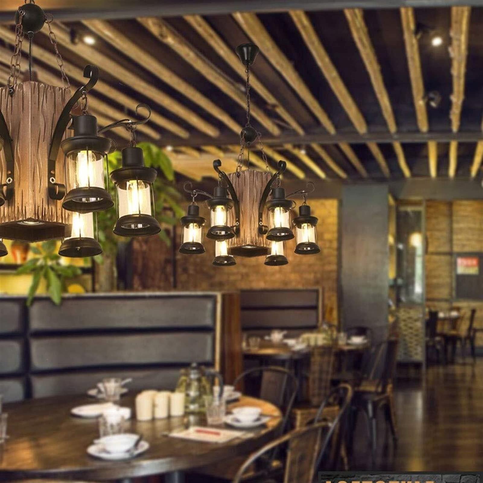 Lampadario in legno nero, ferro battuto, molteplici teste, illuminazione decorativa, illuminazione per terrazze, illuminazione a sospensione per caffè, balconi e bar.