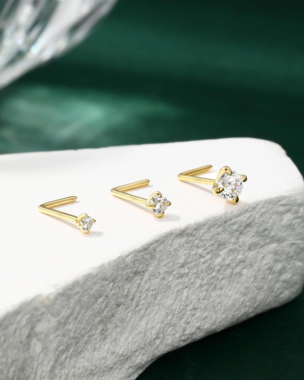 COCHARM 14K Solid Gold Bone L Bend Nose Stud 22g 18g 20g 1.5mm 2mm 3mm CZ Yellow Gold Nose Ring Stud Press Fit Nose Pin S Screw 14K Real Gold Nose Piercing 22g 20g 18g Nose Jewelry - Image 6