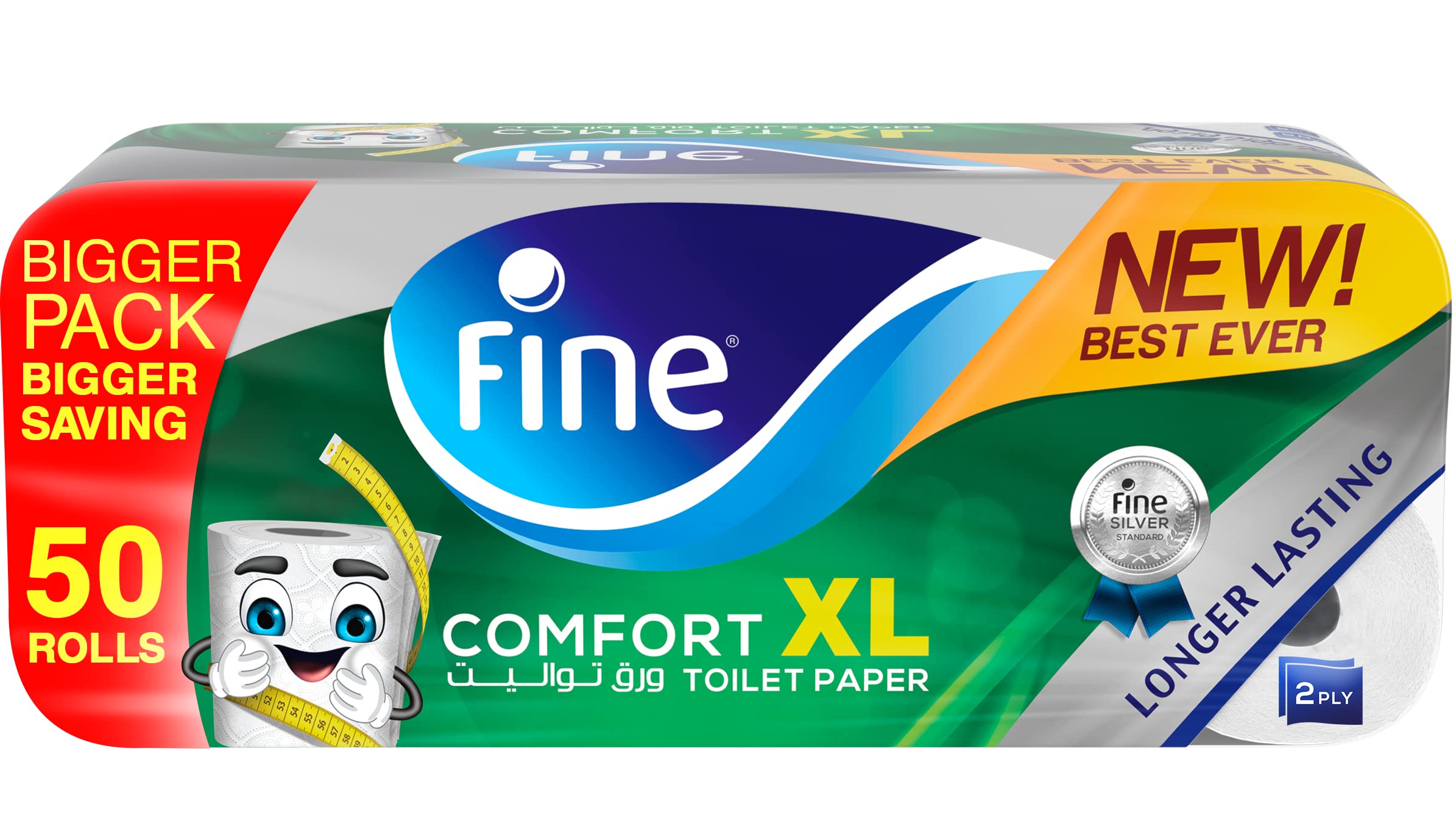Fine Baby Comfort, XL, Long Lasting, Absorbent, Sterilized, Soft, Flushable Toilet Paper, 2 Plies, Pack Of 50 Rolls