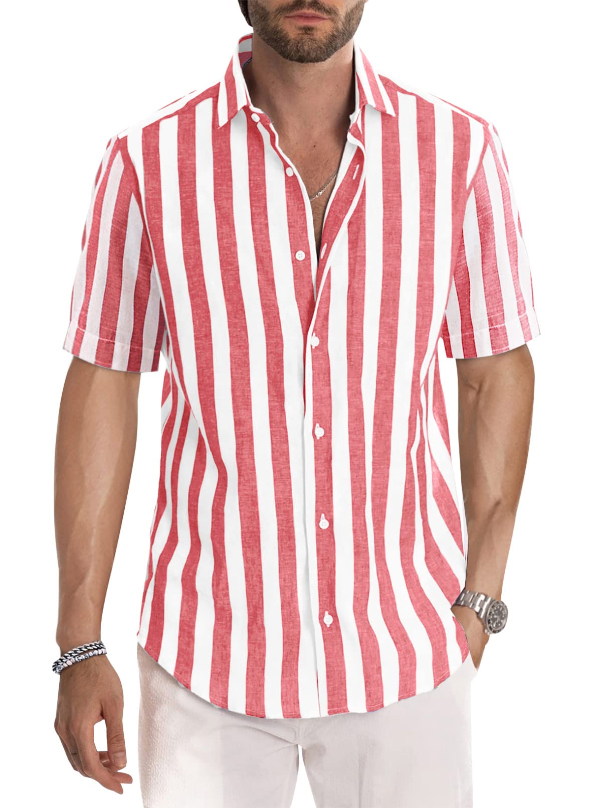 Meilicloth Herenhemd met lange mouwen, zomer, gestreept, vrijetijdshemd, casual, met knopen, regular fit, 1 zwart/grijs/wit, S