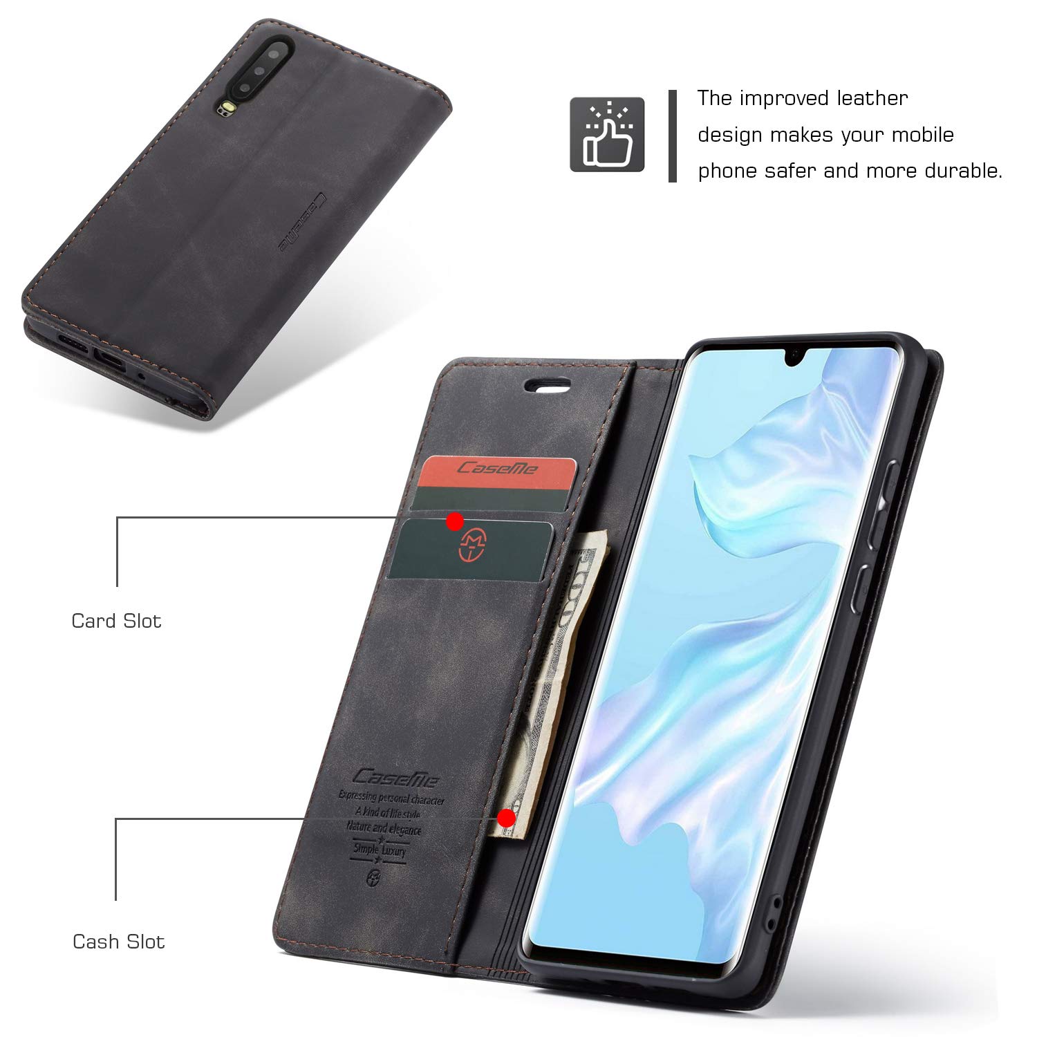 Ailicici Custodia In Pelle Per Huawei P30 Con Portafoglio E Supporto: Protezione Elegante E Pratica, Include Pellicola Protettiva - 3