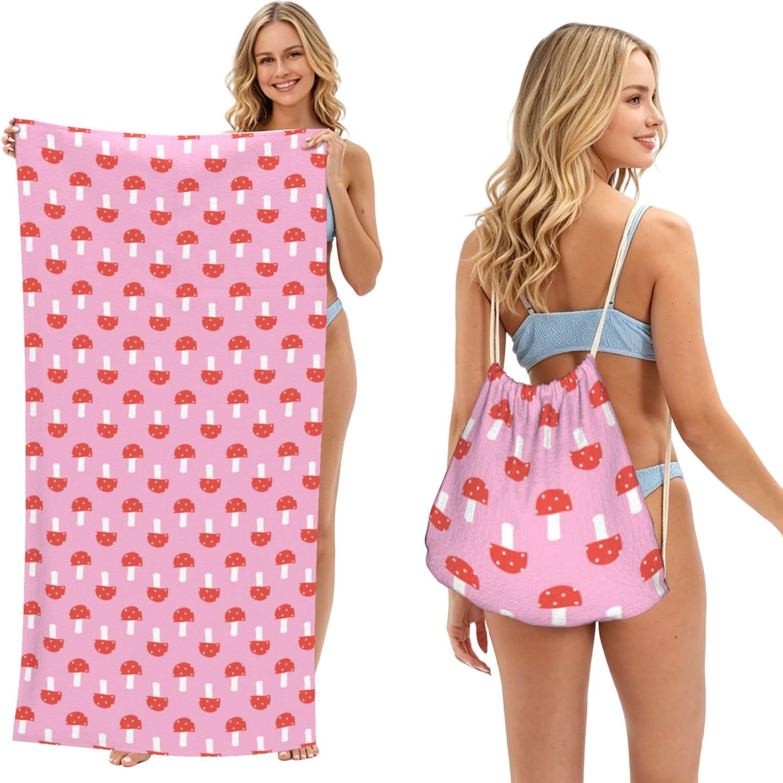 Poadnly As Picture Mushrooms Pink Red, 2 In 1 Packable Towel Bag, Beach Towels With Drawstring Backpack For Travel Holiday Camping