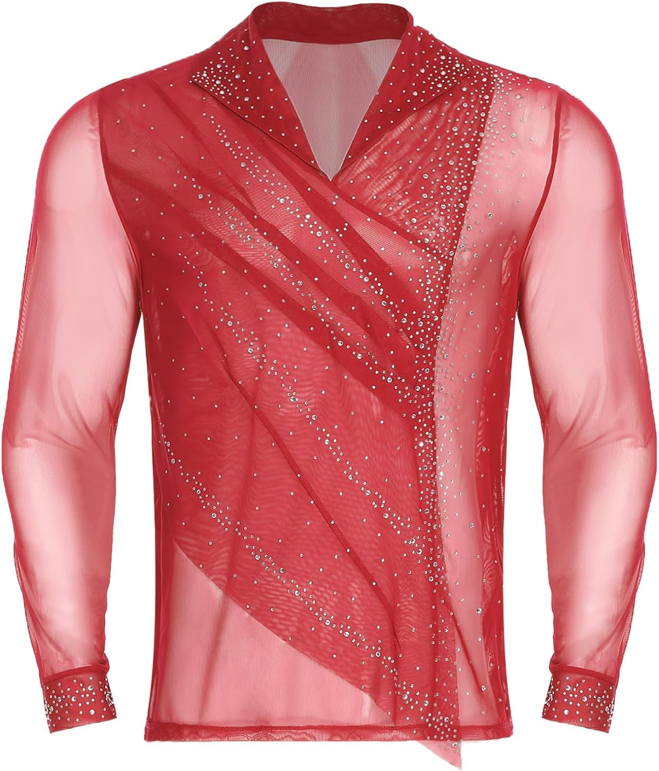 Hularka Men's Gymnastic Dance Leotard Rhinestone Figure Skating Bodysuit Tops Mesh Sequin Unitard Red XX-Large