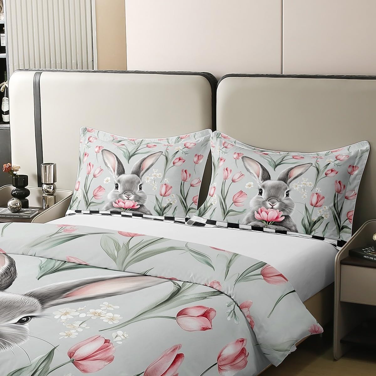 Gray Rabbit 100% Cotton Duvet Cover King Size Watercolor Pink Tulip Retro Flowers Bedding Set for Kids Teens Adults Patchwork Black White Plaid Rustic Style Comforter Cover,2 Pillowcases(No Comforter)