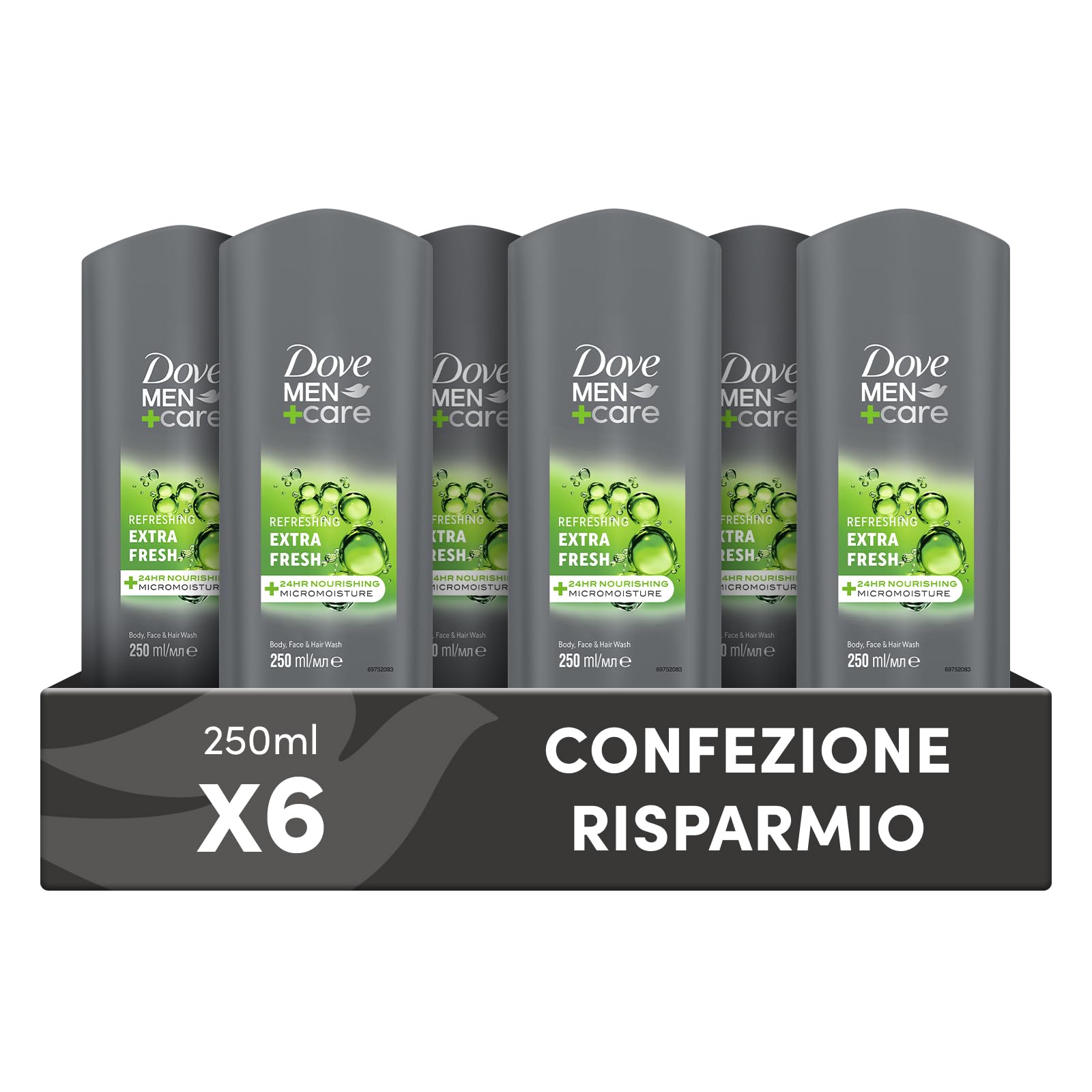 Dove, Dove Men+Care Duschgel für Herren, 3-in-1, feuchtigkeitsspendend, für Körper, Gesicht und Haare, mit MicroMoisture-Technologie, spendet 24 Stunden Feuchtigkeit, 6 Stück à 250 ml
