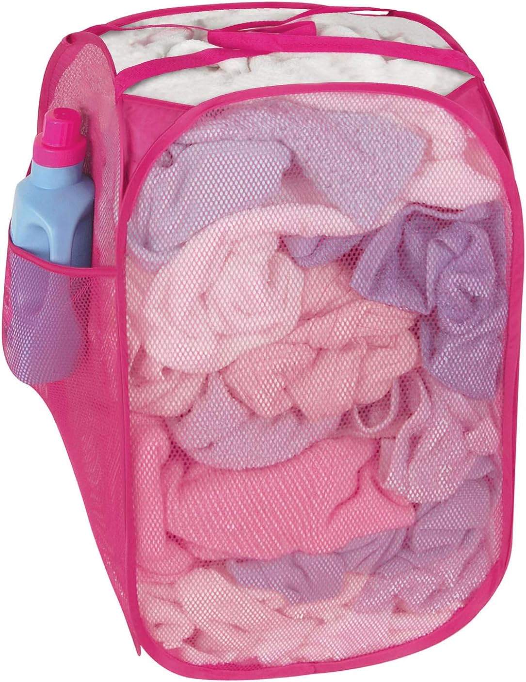 Smart Design Pop Up Laundry Hamper with Easy Carry Handles and Side Pocket - Durable Mesh Fabric - Collapsible Design - Clothes and Laundry - Home Organization - Holds 2 Loads - 13 x 21 Inch - Pink
