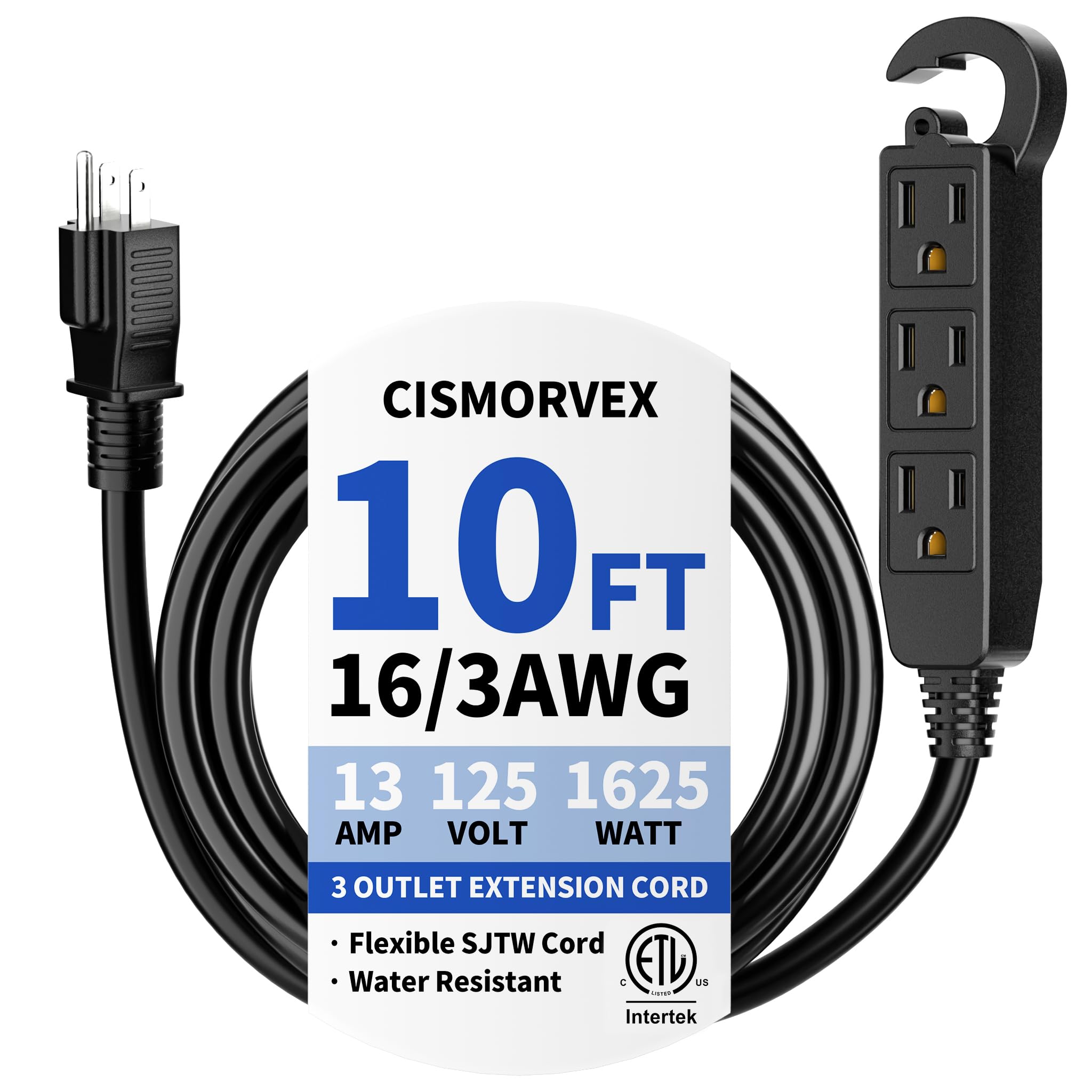 Photo 1 of 10 Ft 3 Outlet Outdoor Extension Cord Waterproof, Grounded Extension Cord with Multiple Outlets, 16/3 AWG 3 Prong Power Strip for Garden, Patio, Camping, 13A 125V 1625W, ETL Listed, Black