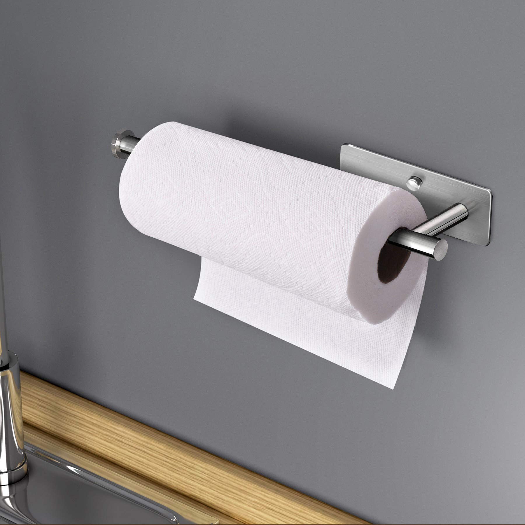 Soporte autoadhesivo para toallas de papel debajo del gabinete, soporte de rollo de papel montado en la pared para cocina, baño, gabinete, pared, acero inoxidable SUS304 6