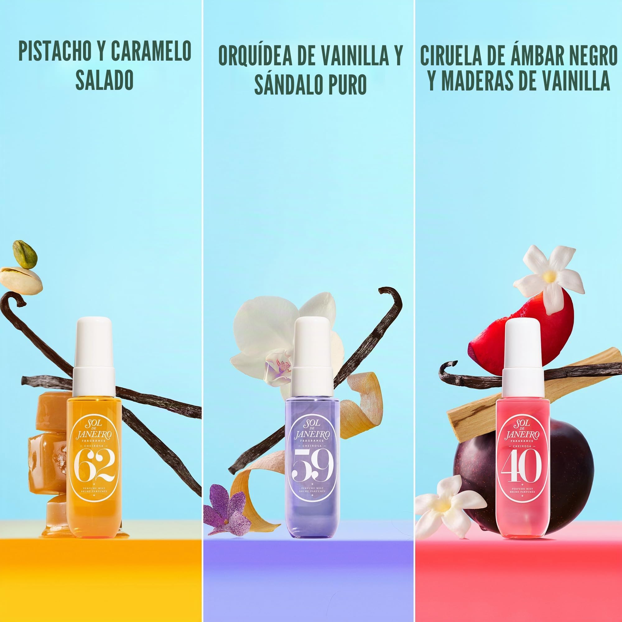 Sol de Janeiro Cheirosa Set de descubrimiento de bruma perfumada en trío, 3 perfumes, cada uno 30 ml, Vainilla, Caramelo, Madera de sándalo