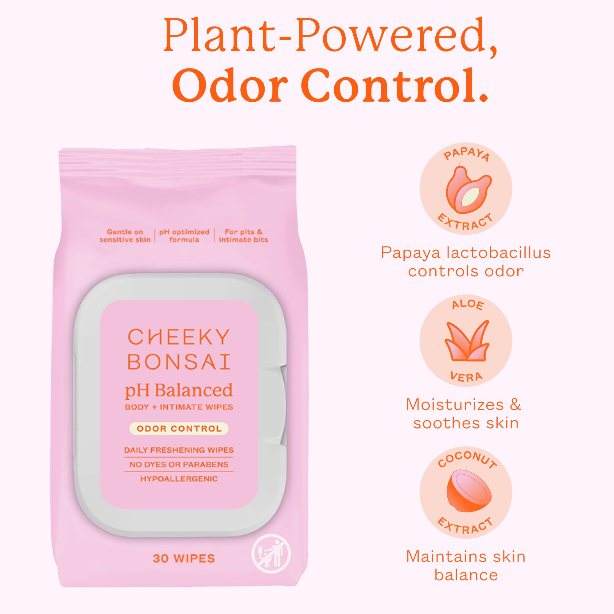 Cheeky Bonsai pH Balanced Feminine Wipes - Removes Odor - Gentle on Sensitive Skin - No Dyes or Parabens - Hypoallergenic - Gynecologist Approved - 30 Count