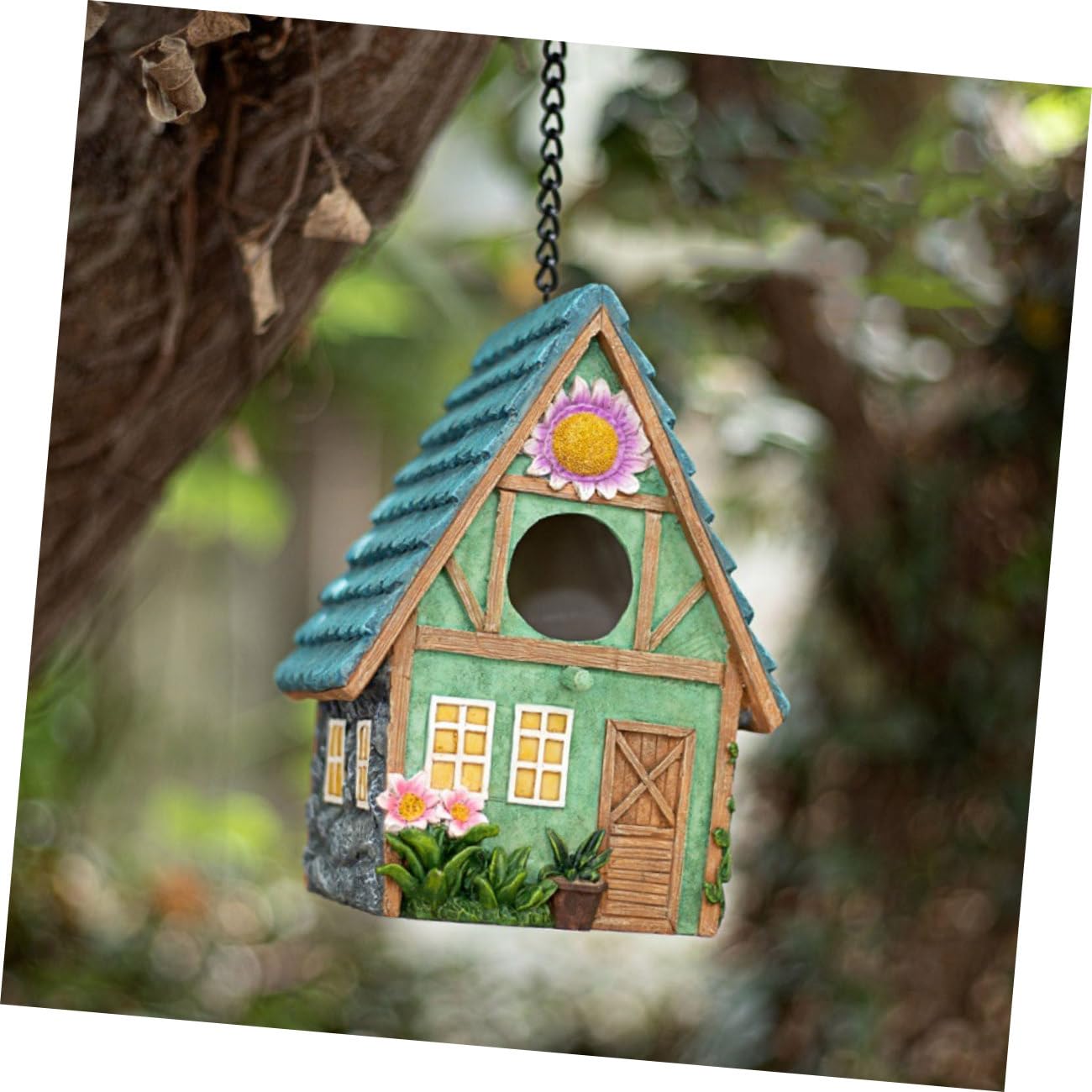Casita para Pájaros de Resina, Colgante, Artesanal, Jardín | Refugio de Aves, Acabado Rústico y Sencillo, Aspecto Cercano Naturaleza, Fácil de Colgar