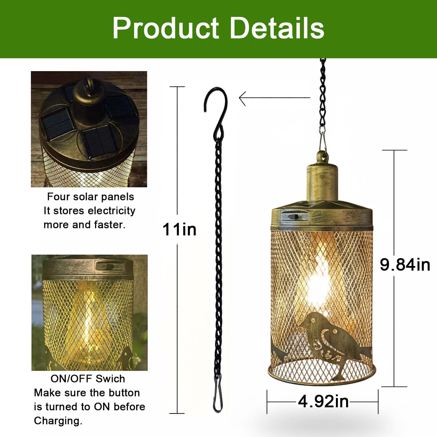 Solar Outdoor Waterproof Lantern,Metal Hanging Solar Light,for Patio Porch Garden Decor,Gift for Mom Grandma (Bird)