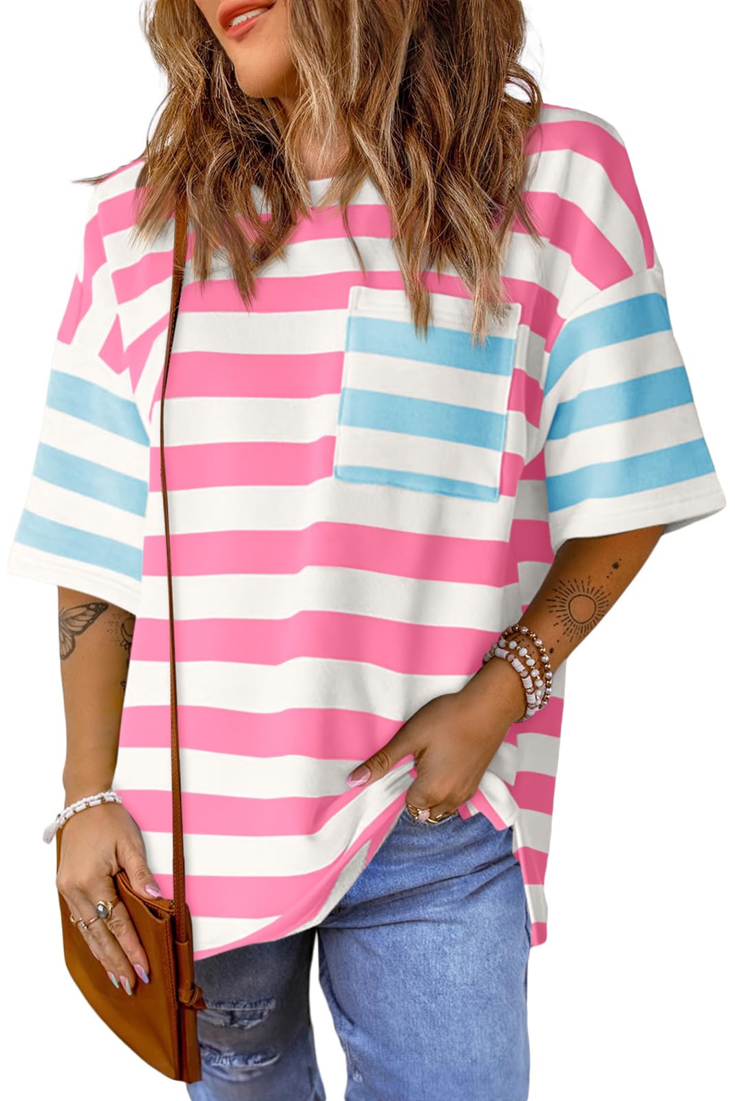 Photo 1 of ***STOCK IMAGE FOR REFERENCE***
Tankaneo Women's Oversized Striped Color Block T-Shirt