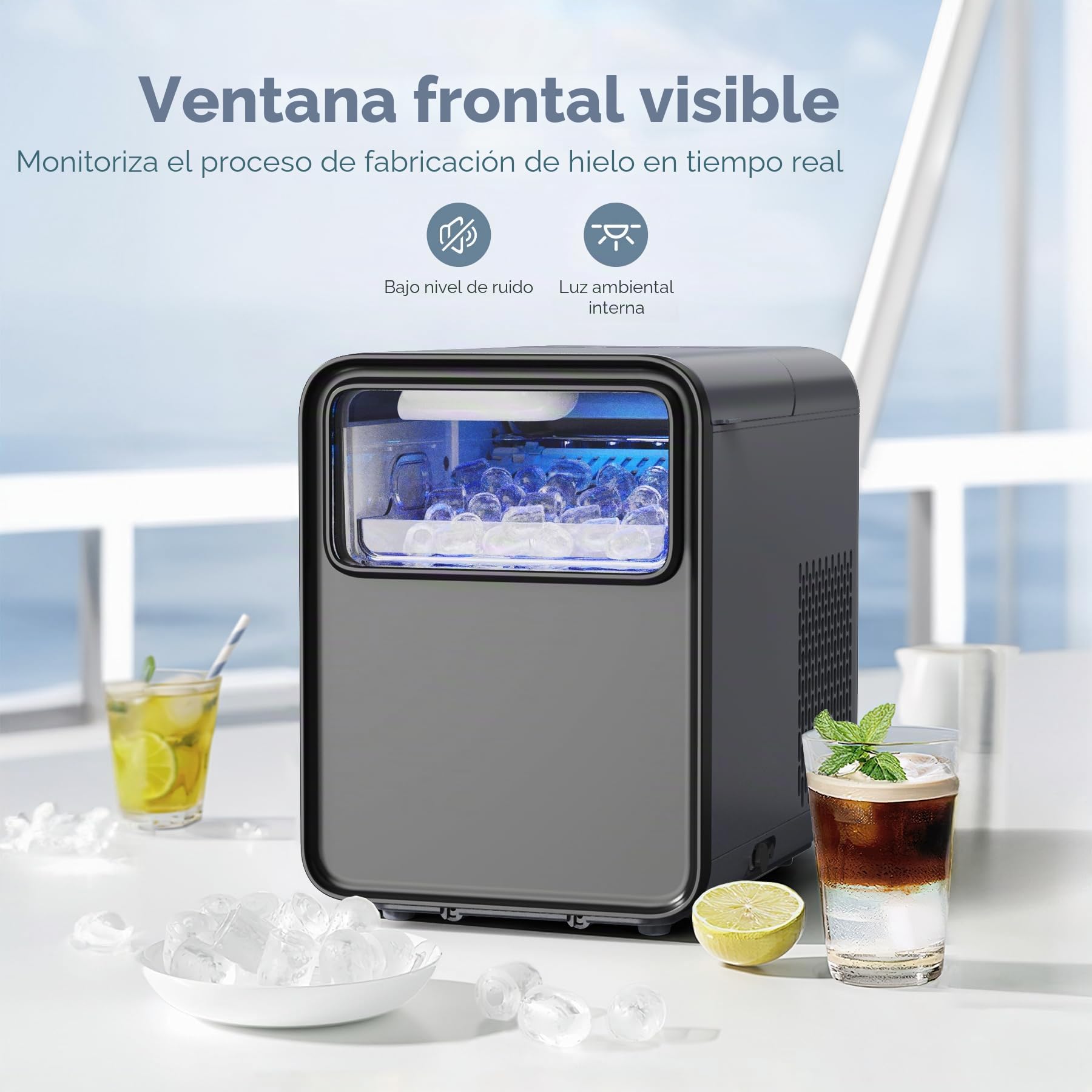 OMISOON Maquina de Hielo para Casa, Maquina de Hacer Hielo, 9 cubitos listos en 6-8 minutos, 12kg/24h, 2 Tamaños de Cubitos, Función Autolimpieza, Negro