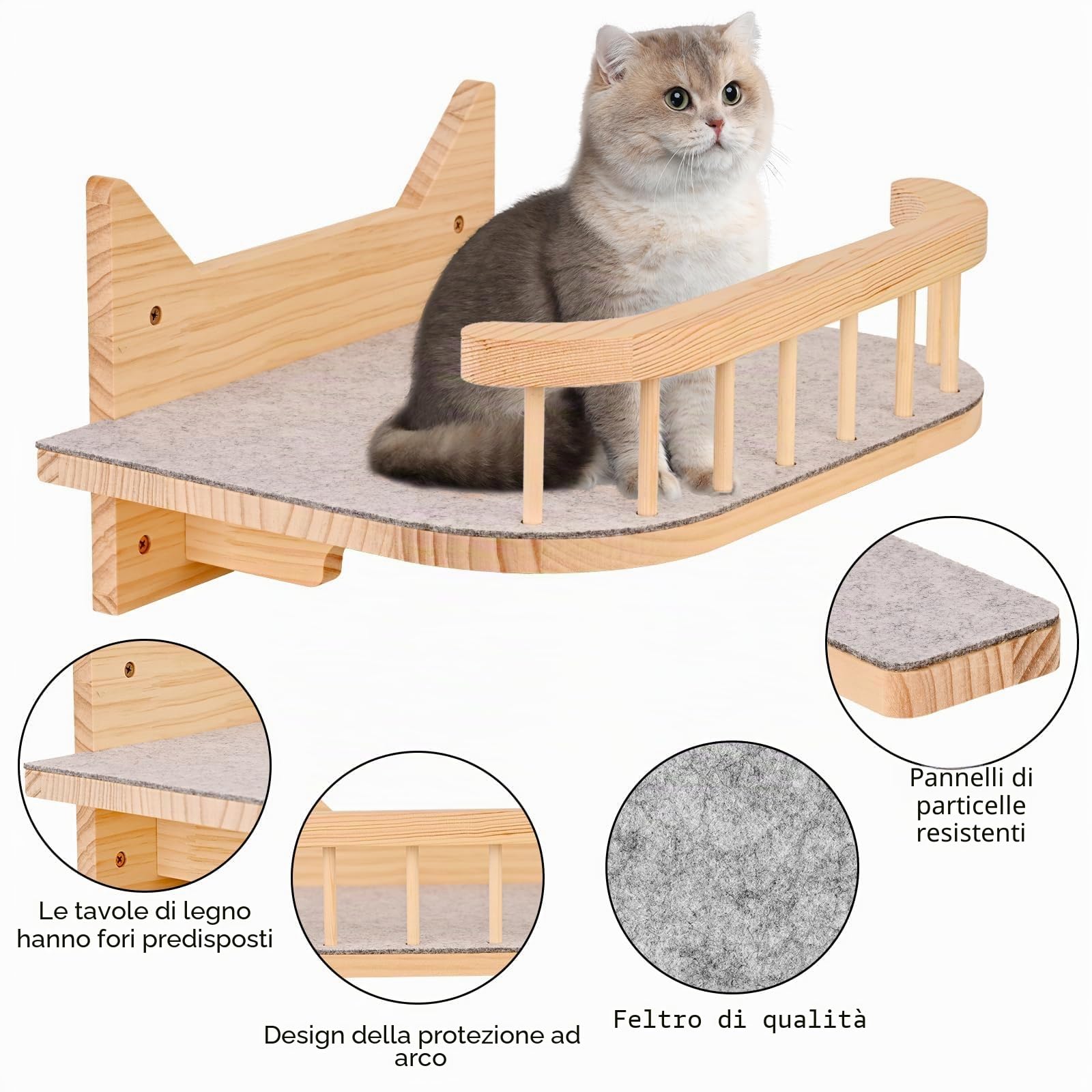 Mensole per Gatti da Parete con 3 Gradini, Percorso Gatto Arrampicata da Muro Scala, Amaca Scaletta per Gatti Percorsi Scalini da Parete in Legno Interno per Dormire, Giocare, Saltare, con Cuscino