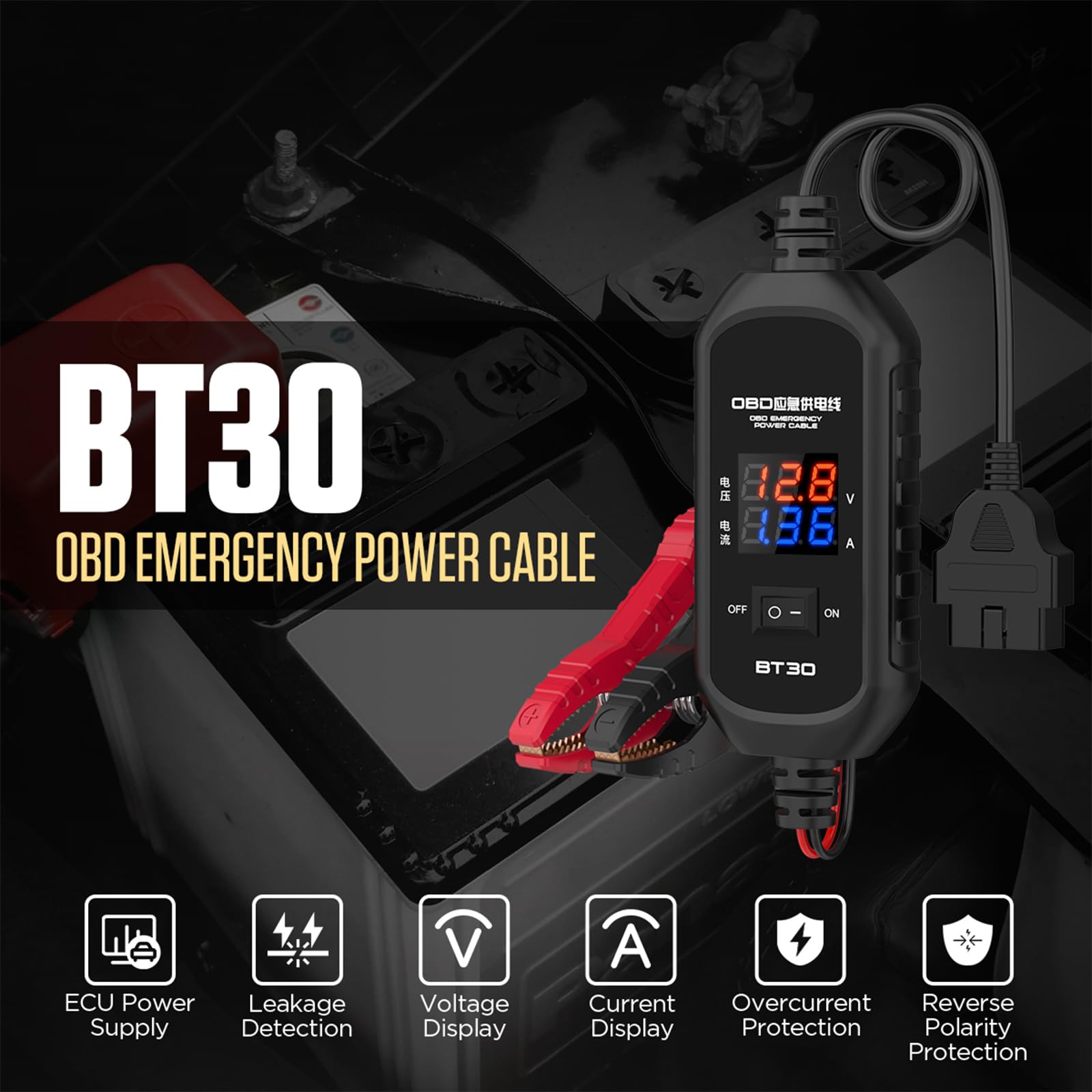 Cavo Di Alimentazione Di Emergenza OBDII Con Display – Salva Memoria ECU, Protezione Da Sovracorrente, 0,9m – Per Sostituzione Batteria Auto