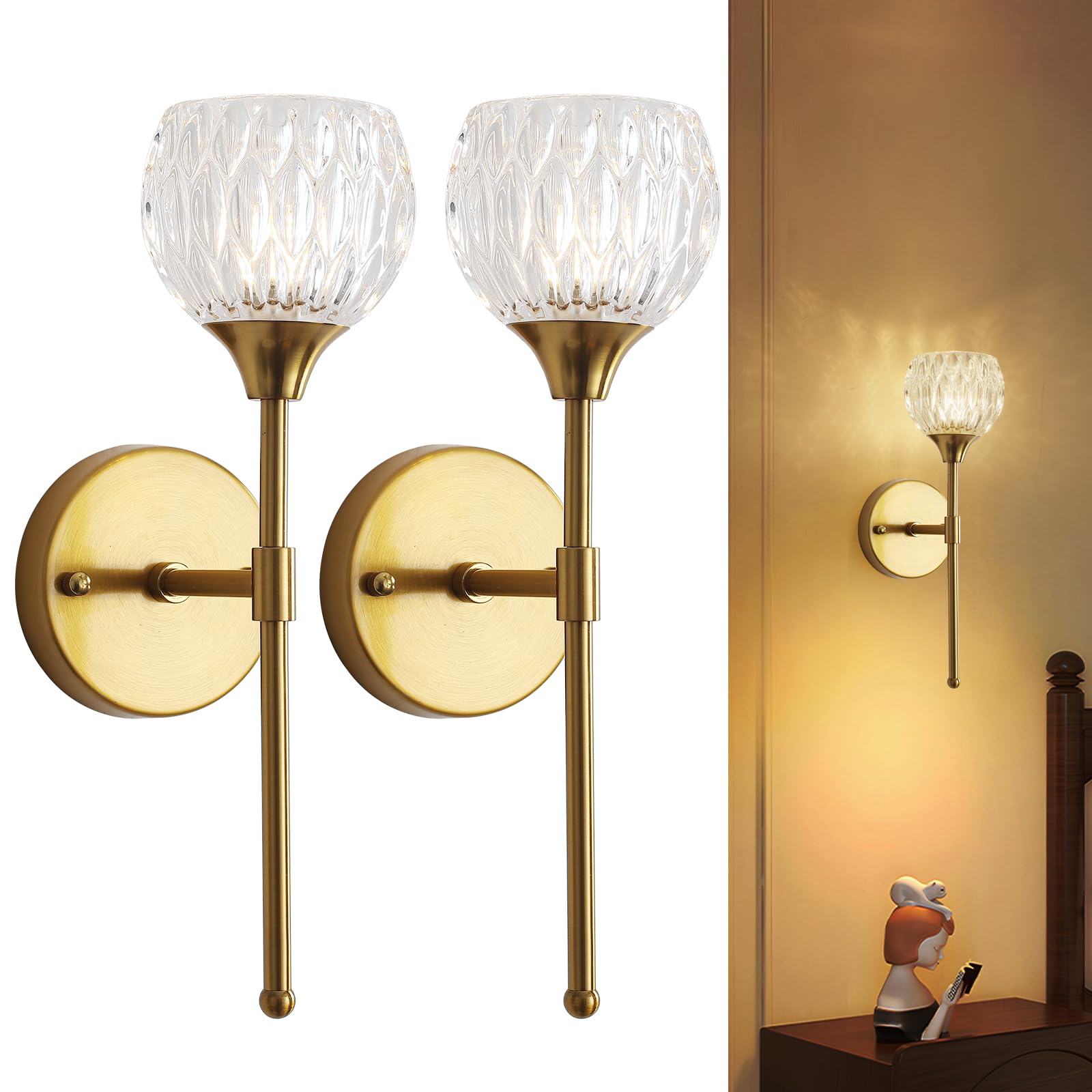 Gold Crystal Wall Sconce Set of 2, Modern Antique Brass Wall lights for Living Room with Clear Glass Shades, Bathroom Vanity Light Industrial Vintage Bedside Wall Lamps for Bedroom Mirror indoor