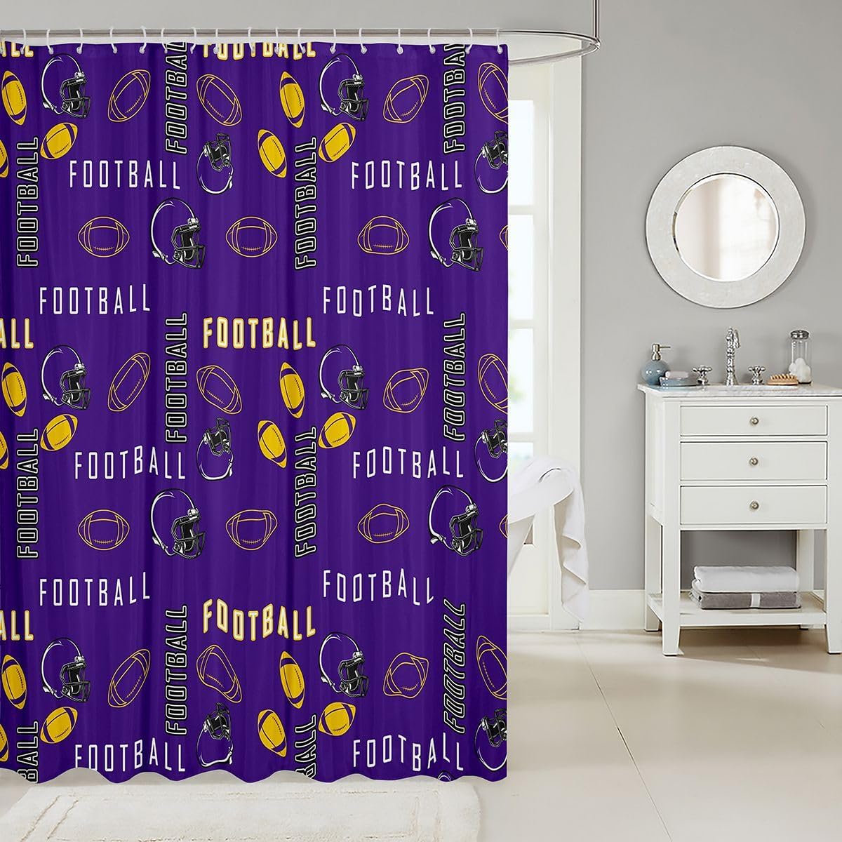 jejeloiu Kids Football Shower Curtain for Bathroom Decor 72"x78" Rugby Sports Bathroom Accessories for Boys Girls Teens Room Decor Football City Bath Curtain Purple Yellow Women Men