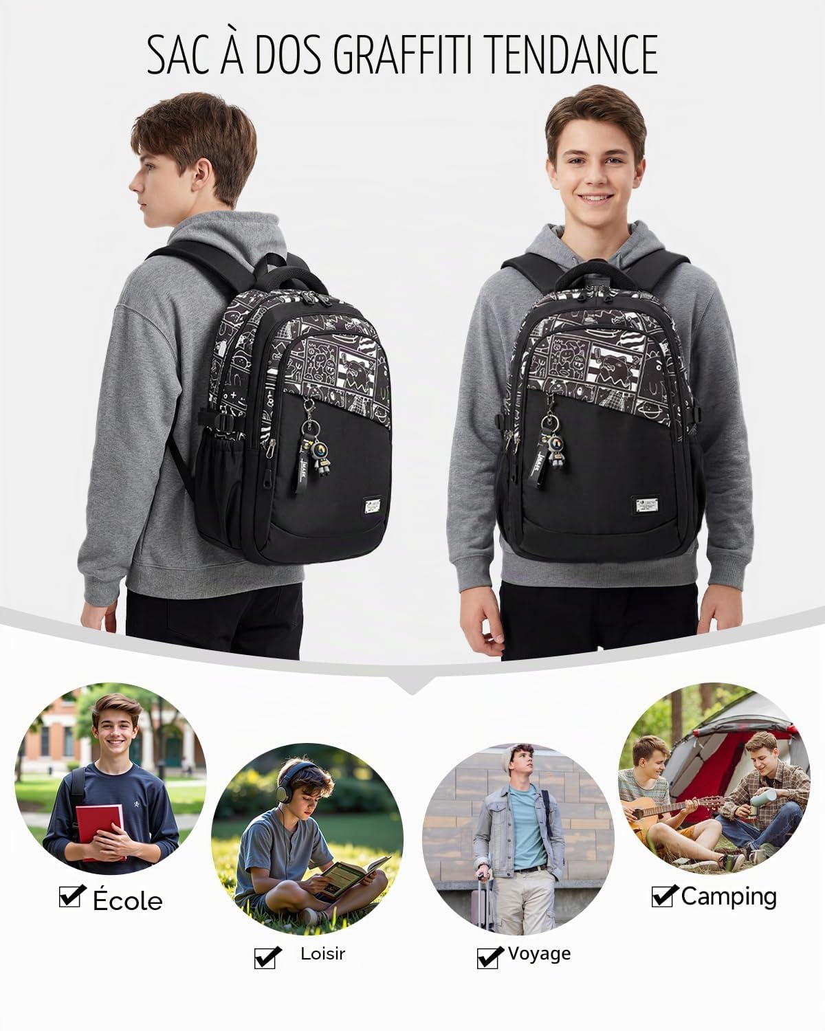 Sac à Dos pour Garçons Adolescents, Grand Cartable Noir pour le Lycée avec Imprimé Graffiti, Sac College Garcon Décontracté et Imperméable pour les Voyages