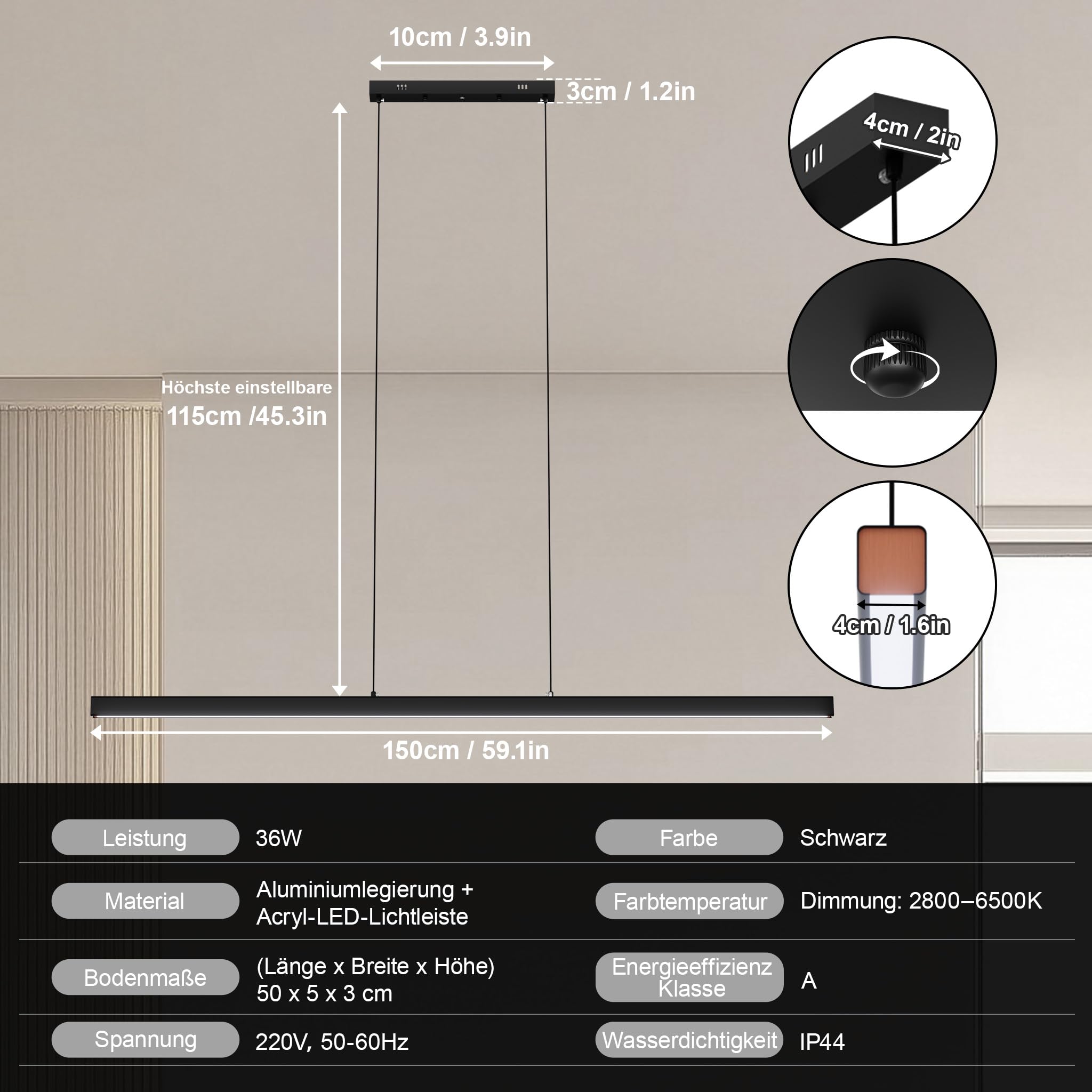 YRHome Nowoczesna lampa wisząca LED, 60 W, ściemniana, z regulacją wysokości, lampa wisząca z pilotem zdalnego sterowania, liniowa konstrukcja, lampa sufitowa do salonu, kuchni, sypialni, biura