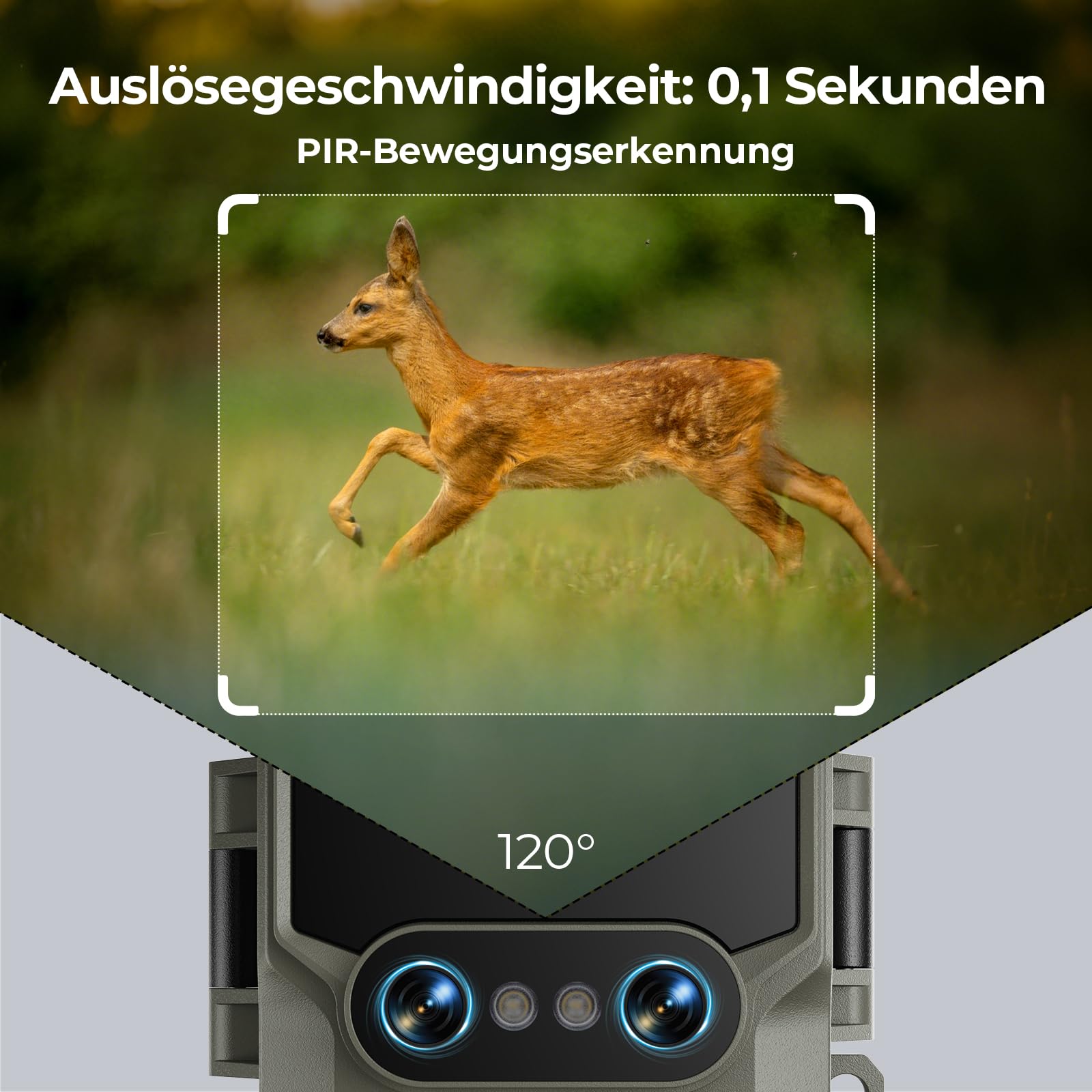 WOLFANG Wildkamera, 64 MP WLAN mit Handyübertragung-App, 4K Doppellinse Video Wildtierkamera mit Bewegungsmelder, Sternenlicht-Nachtsichtgerät, 64GB TF& 5000 mAh-Batterien 0,1 s Auslösezeit, IP66