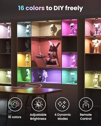 Miniatura 4 de UNIWA Luces de disco con control remoto, luces inalámbricas para debajo del gabinete, luz LED intercambiable de 16 colores regulables, funciona con