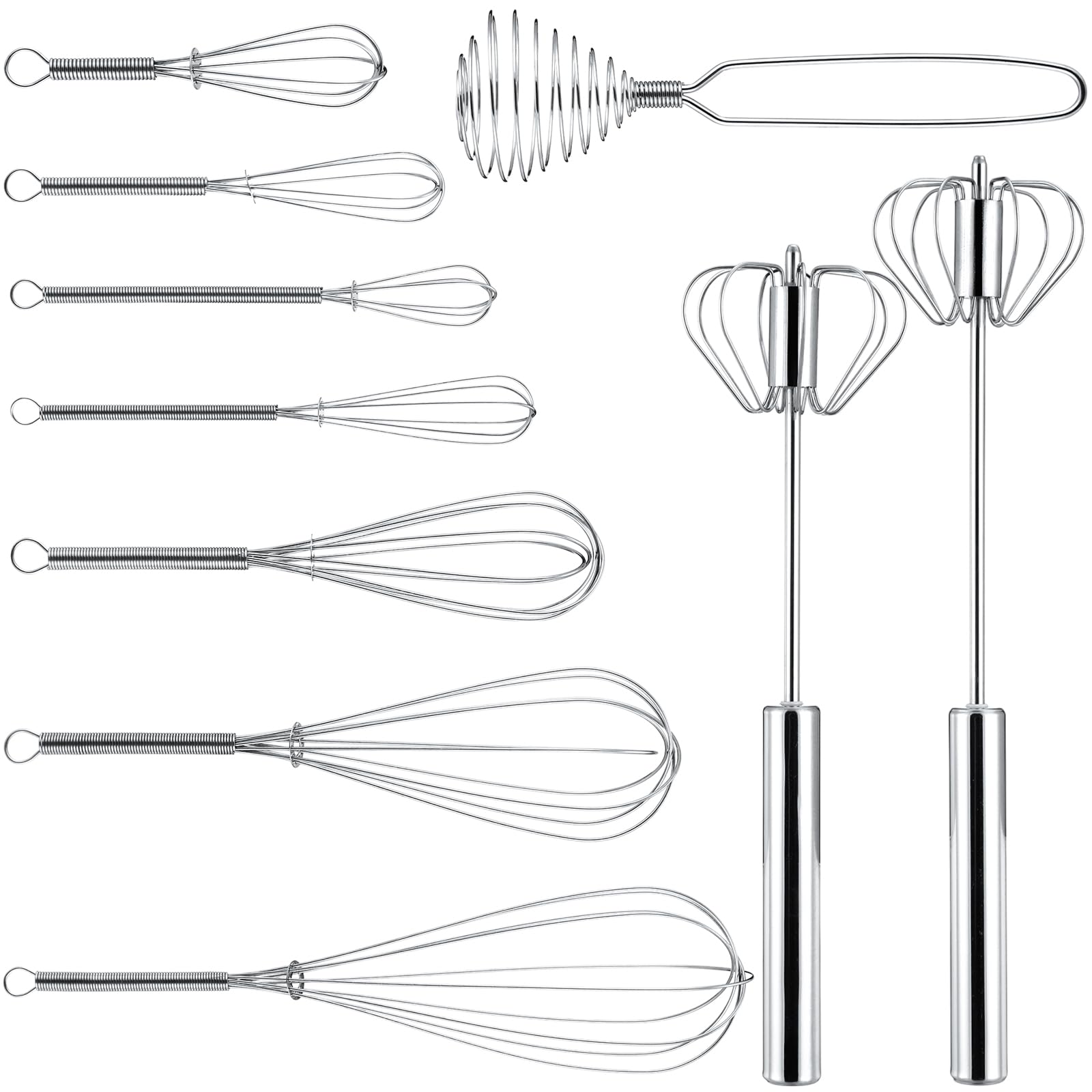 Teenyyou 10 Pcs Stainless Steel Whisks Set Egg Beater Semi Auto Whisk Blender Hand Push Beater Versatile Utensil for Kitchen Mixing Blending Beating Stirring Cooking 3 5 6 7 8 10 12 Inch