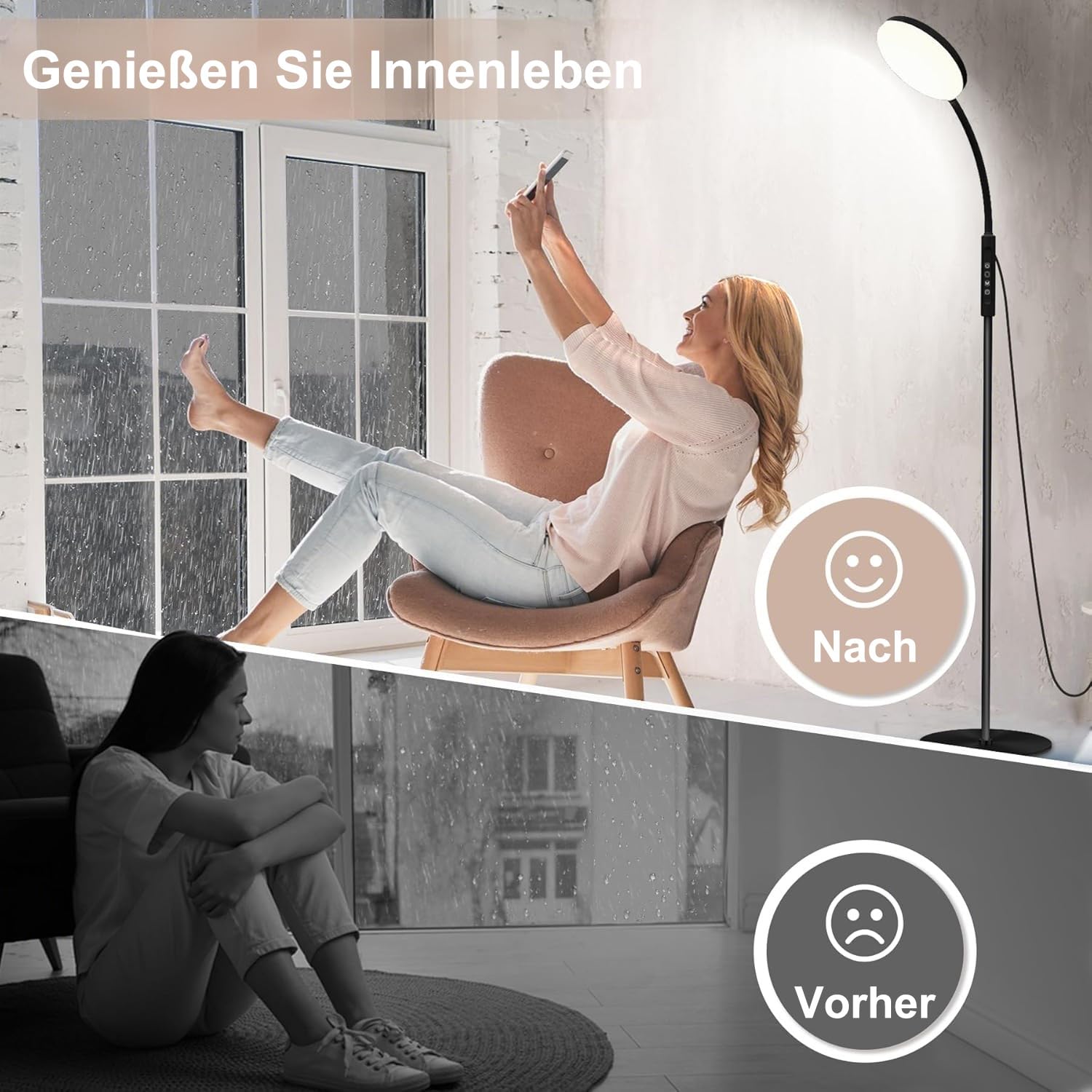 LED Stehlampe Dimmbar mit Fernbedienung, 20000 Lux Tageslichtlampe gegen Winterblues, 1700K-6000K Leselampe mit Timer & Flexibler Schwanenhals, 165cm Stehleuchte für Wohnzimmer, Schlafzimmer & Büro