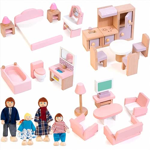 Kizfarm Wooden Dollhouse Furniture Set with 4 Family Dolls, 26