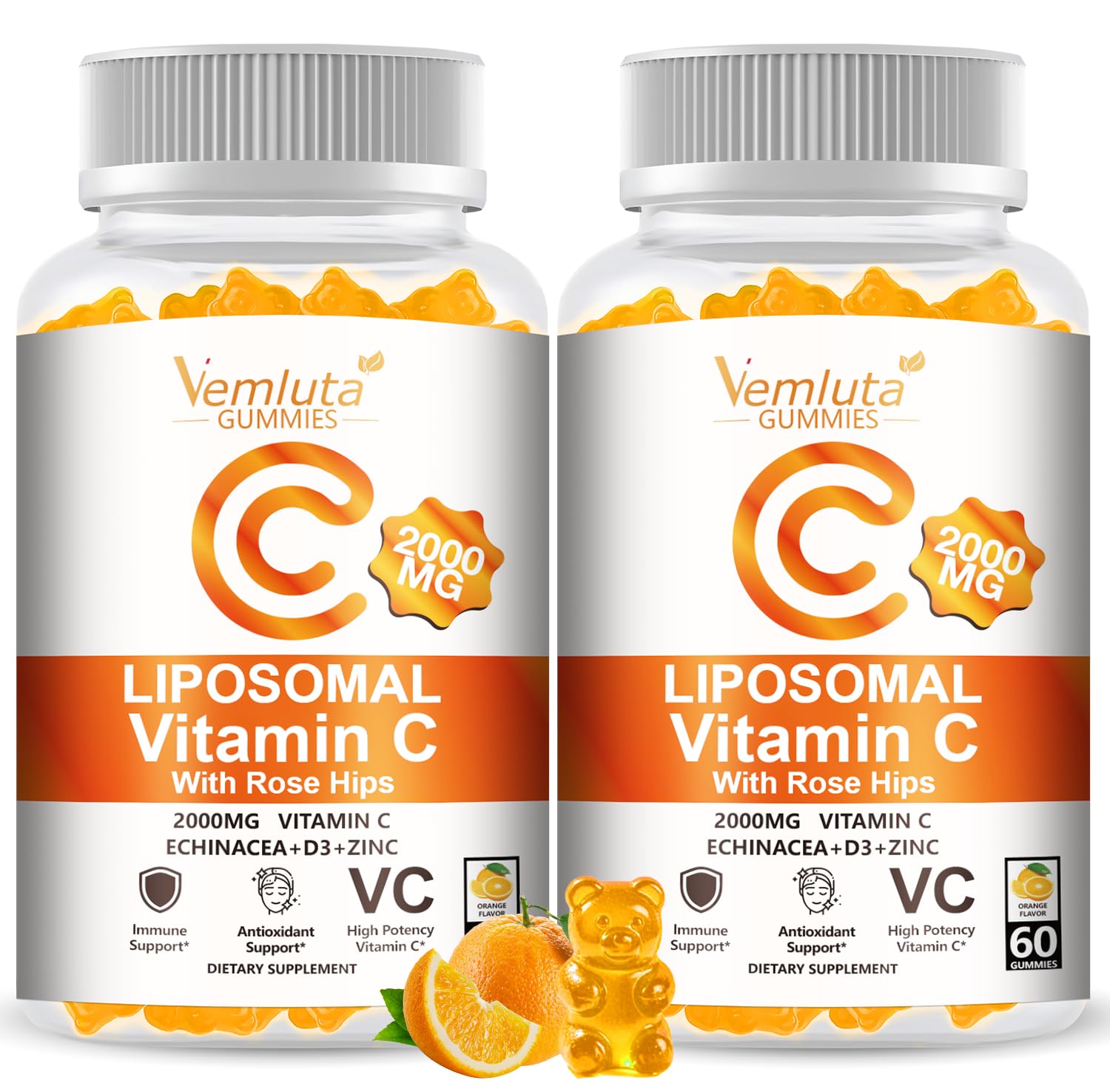 2 Pack Liposomal Vitamin C 2000mg Gummies Complex Rose Hips with D3 5000IU,Elderberry Echinacea,Iron & Zinc for Adults Kids Immune,Antioxidant & Collagen Suppor