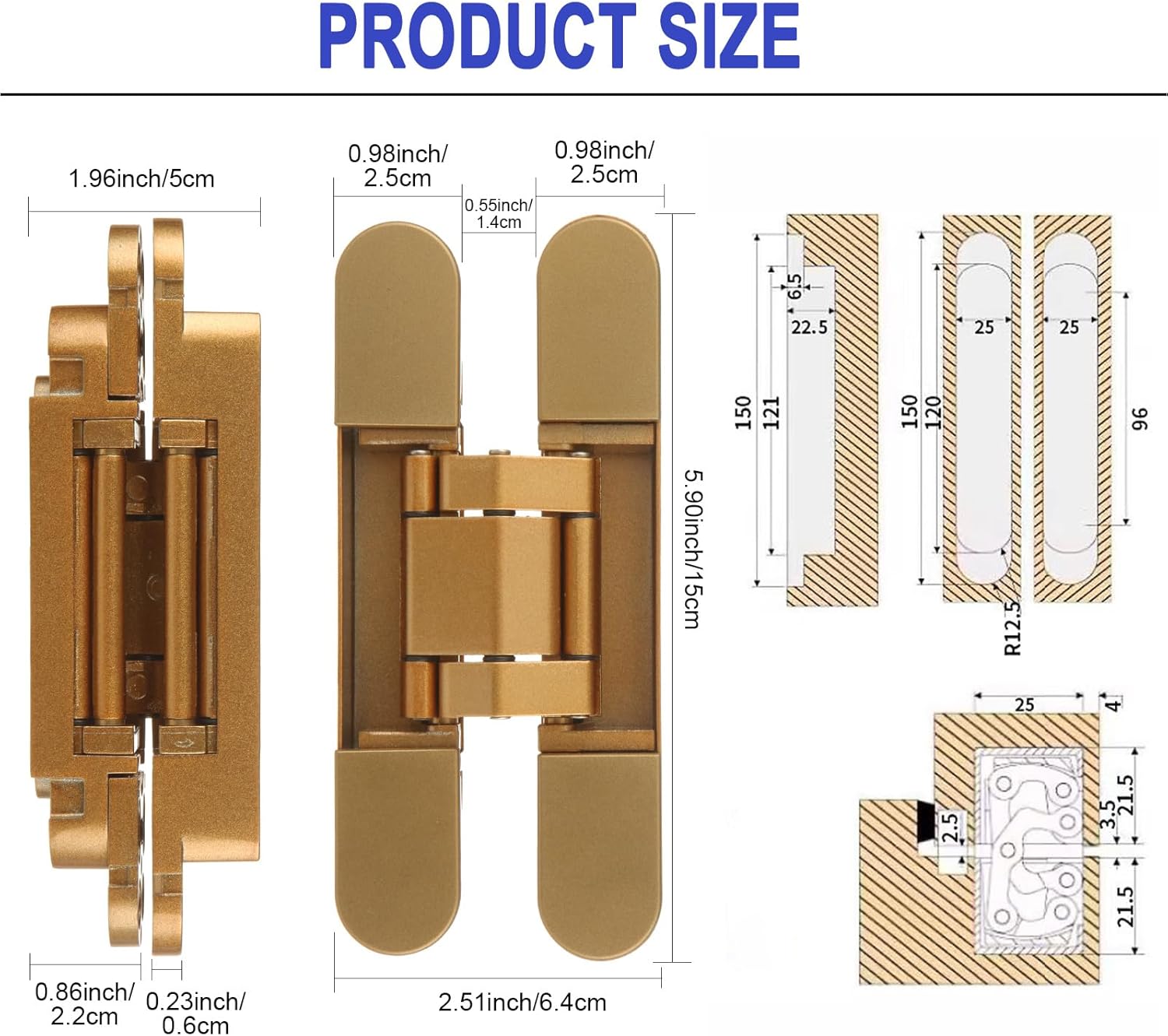 2 PCS 6 Inch Hidden Door Hinge Heavy Duty Invisible Hinges Gold Concealed Door Hinge 180 Degree 3-Way Adjustable Butt Hinge, 88 Lb Load Capacity(6 x 2.5 x 1)