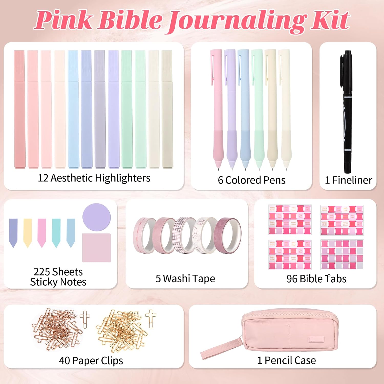NEWEST Bible Study Supplies for Women, All-in-One Bible Kit with Highlighters, Gel Pens, Pink Tabs, Pencil Case, Pink Journaling Tools for Personal Devotion, Small Group Study, Christian Gifts