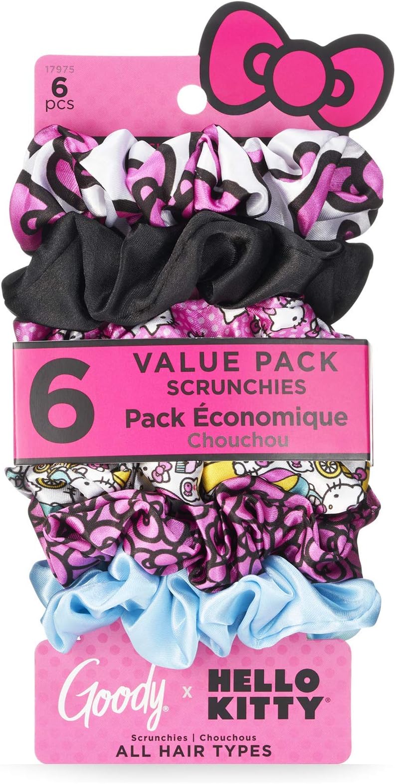x Hello Kitty Ouchless Hair Scrunchie - 6 Count, Assorted - Keep Hairs In Place - Accessories to Style With Ease and Secure Your Hair - For All Types - Pain Free