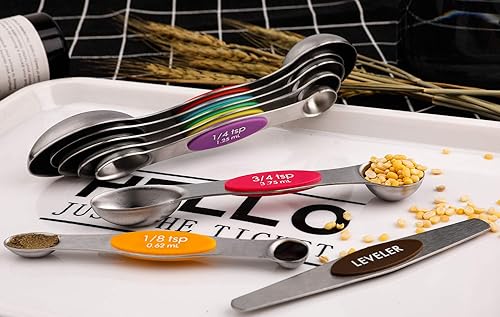 Vista 7 de Juego de 9 cucharas medidoras magnéticas de acero inoxidable apilables de doble cara para medir ingredientes secos y líquidos, cabe en tarros