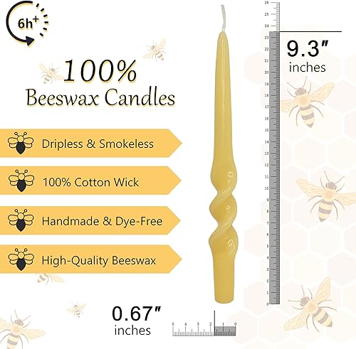 Miniatura 2 de Juego de velas cónicas de cera de abeja natural de 9.3 pulgadas, velas en espiral amarillas hechas a mano, sin goteo, sin humo, velas de cera de