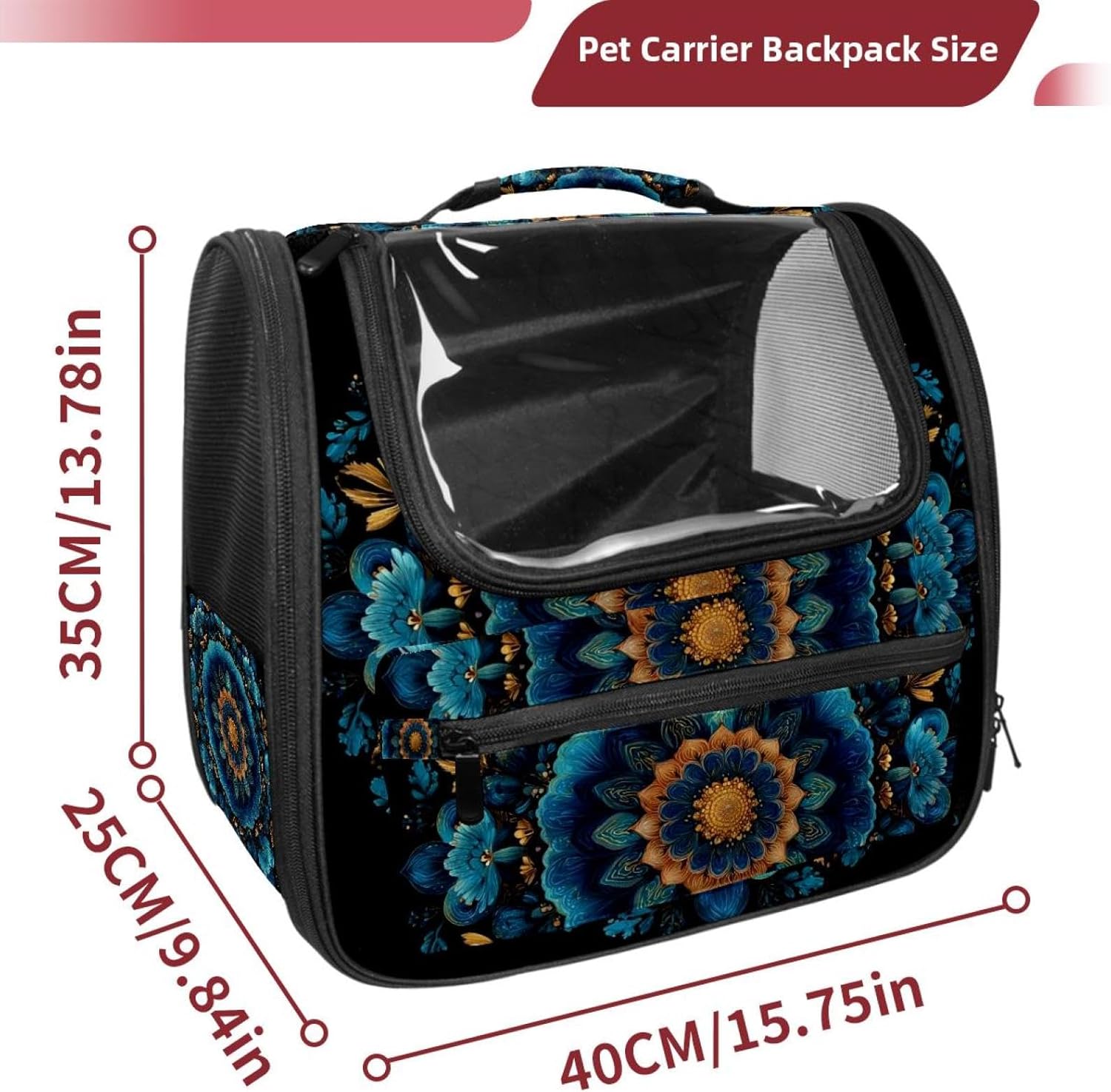 Portable Travel pet Backpack Carrier Hamster Bag Small Dog cat Carrier Breathable Hang Bag, Mandala Floral Blue Dark (3)