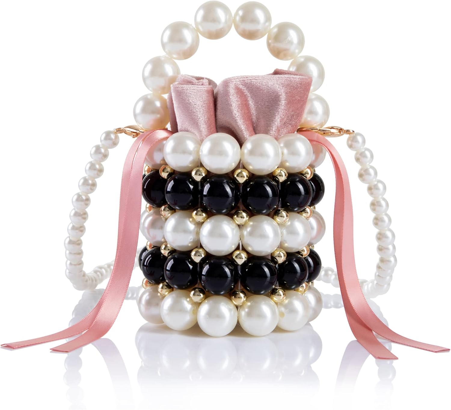 Women Beaded Evening Bucket Bag Small Lipstick Handbag Velvet Lining with Detachable Chain for Wedding Party