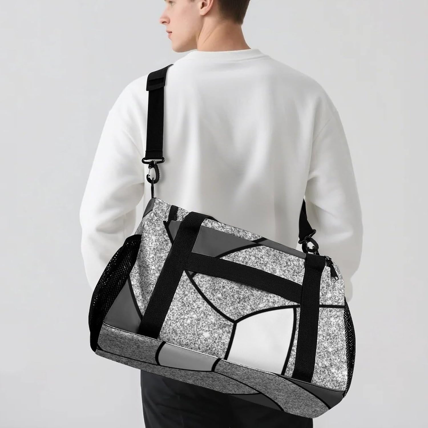 Custom Silver Volleyball Duffel Bag with Name Personalized Travel Bags Sport Gym Bag Carry On Weekender Bags for Men Women