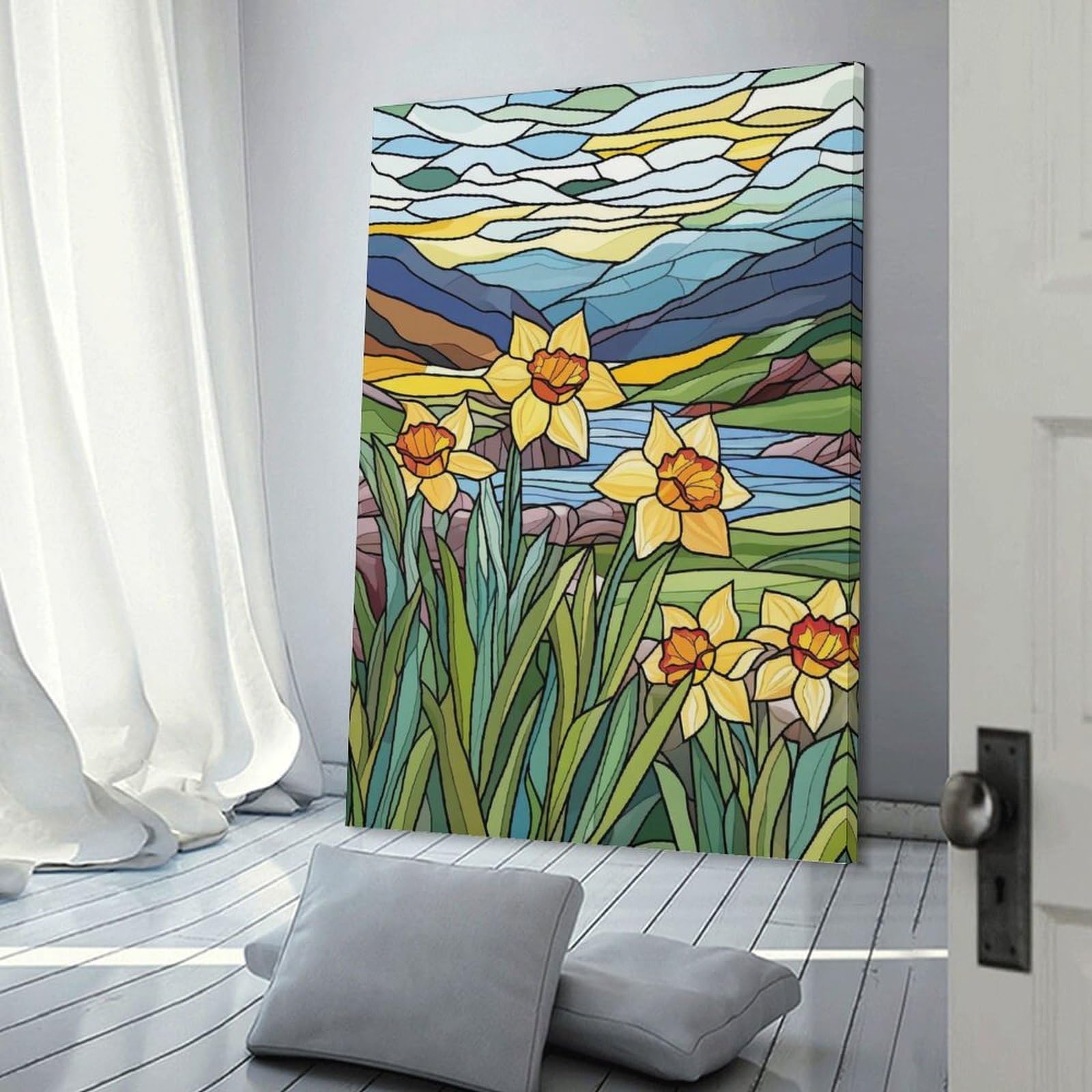 Junmoney Stained Glass Daffodils Wall Art Print 12x18inch(30x45cm), for Hallway, Entryway Or Landing, Wall Decor to Refresh Empty Corners, for Cosy Room Updates