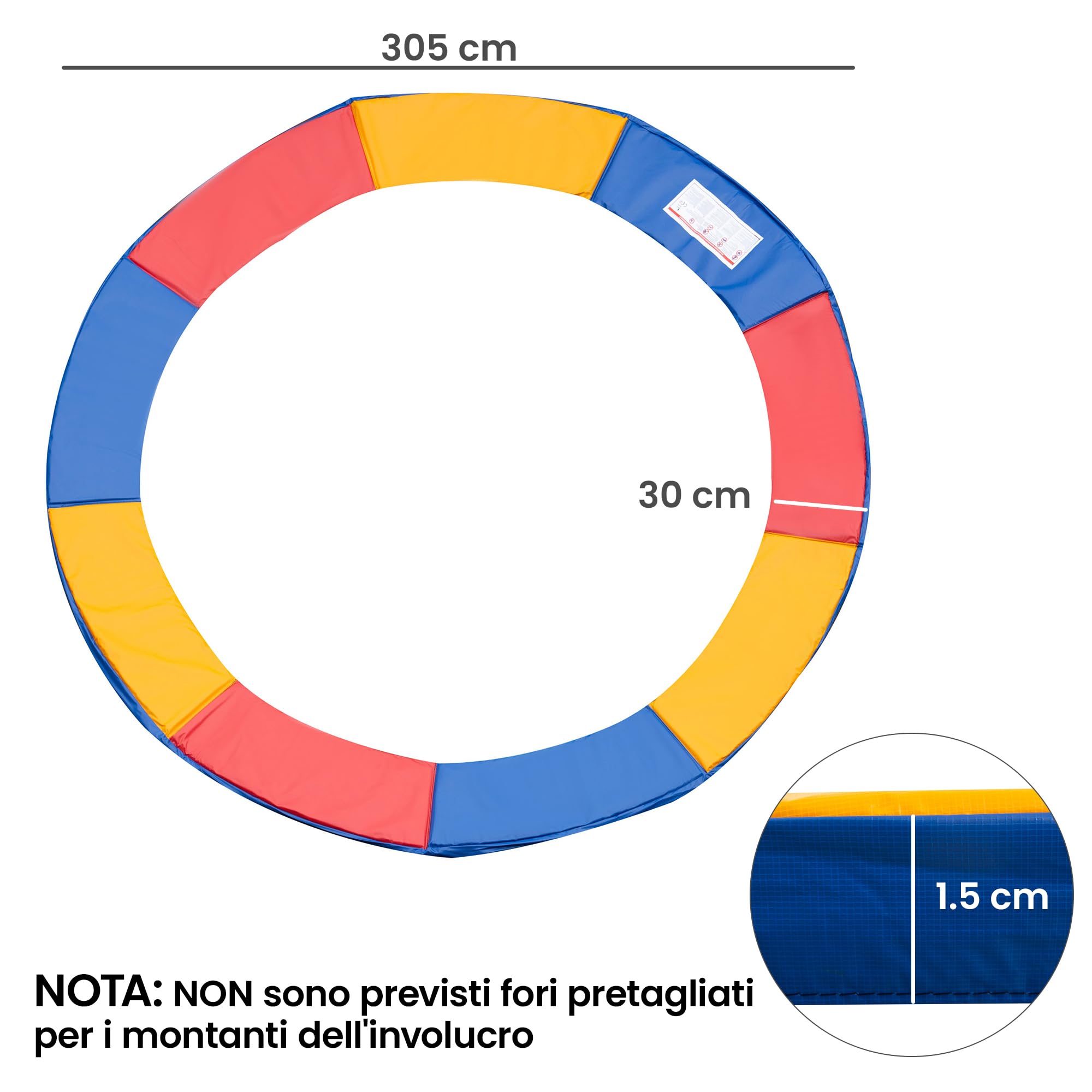 Outsunny HOMCOM Copertura Tappeto Elastico Ø305x1.5 cm Pieghevole e Portatile, Protezione Trampolino da Giardino in Plastica, PE e Schiuma EPE, Rosso, Blu e Giallo